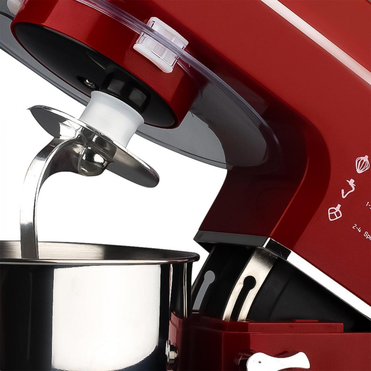 Nahaufnahme eines roten Küchenmixers mit einer Edelstahlschüssel und einem Rührbesen. Der Mixer hat Geschwindigkeitseinstellungen.