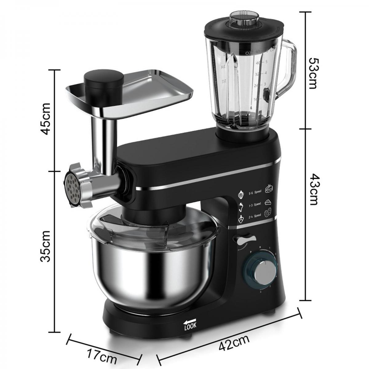 Schwarze Küchenmaschine mit Fleischwolf, Mixer und Schüsselaufsätzen. Abmessungen sind auf dem Bild beschriftet.