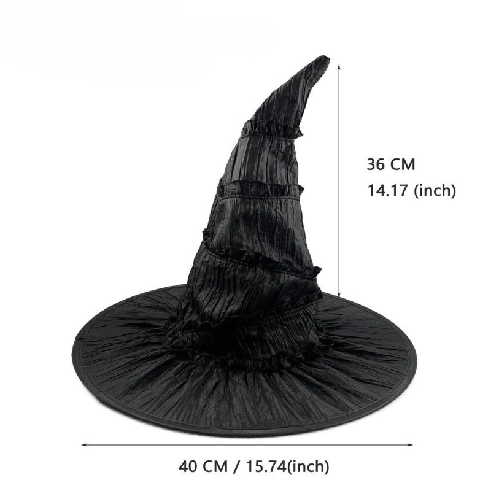 Ein schwarzer Hexenhut mit breiter Krempe wird gezeigt. Er ist 36 cm hoch und 40 cm breit.