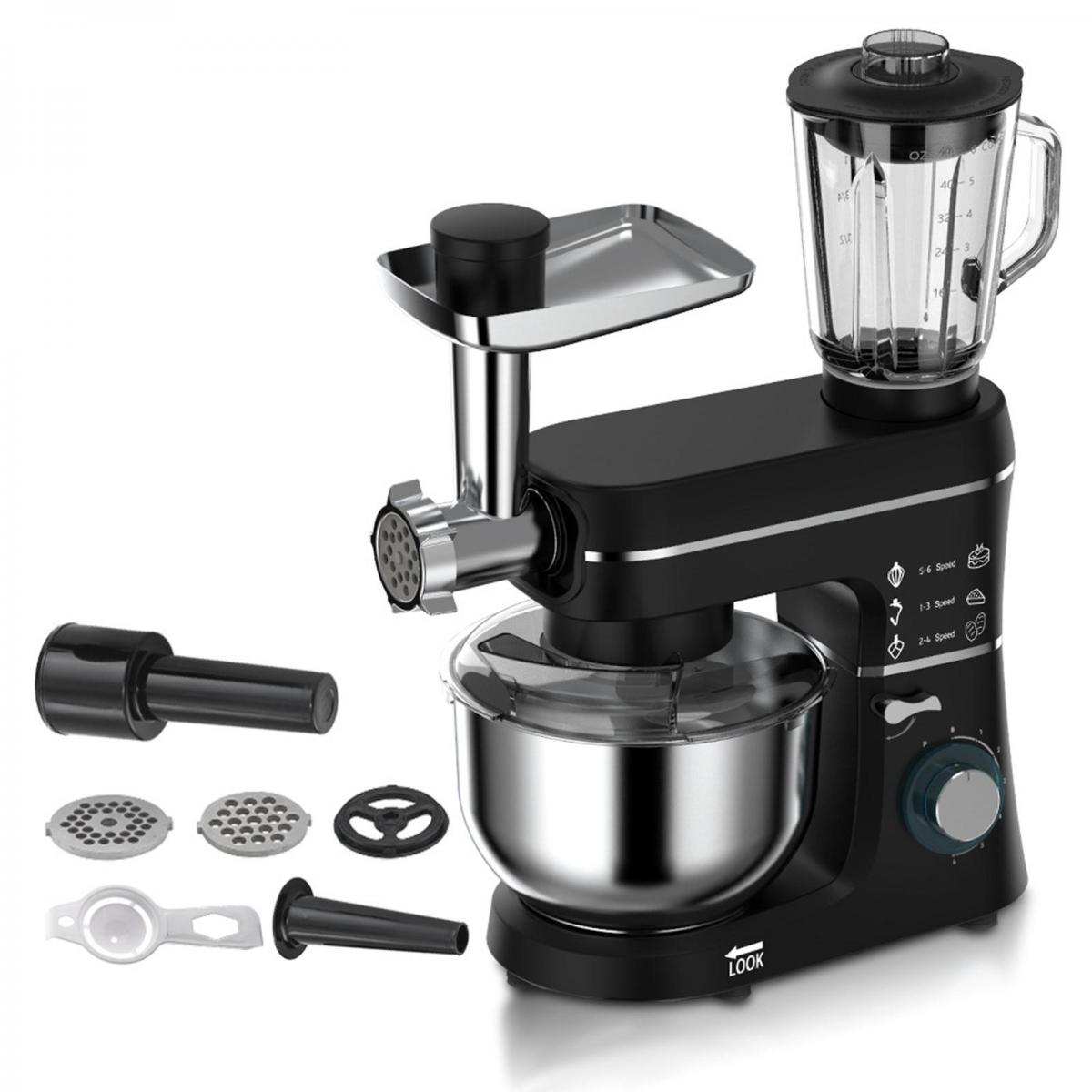Ein schwarzer Küchenmixer mit Aufsätzen, darunter ein Mixer, Fleischwolf und verschiedene Klingen, steht auf einer weißen Oberfläche.