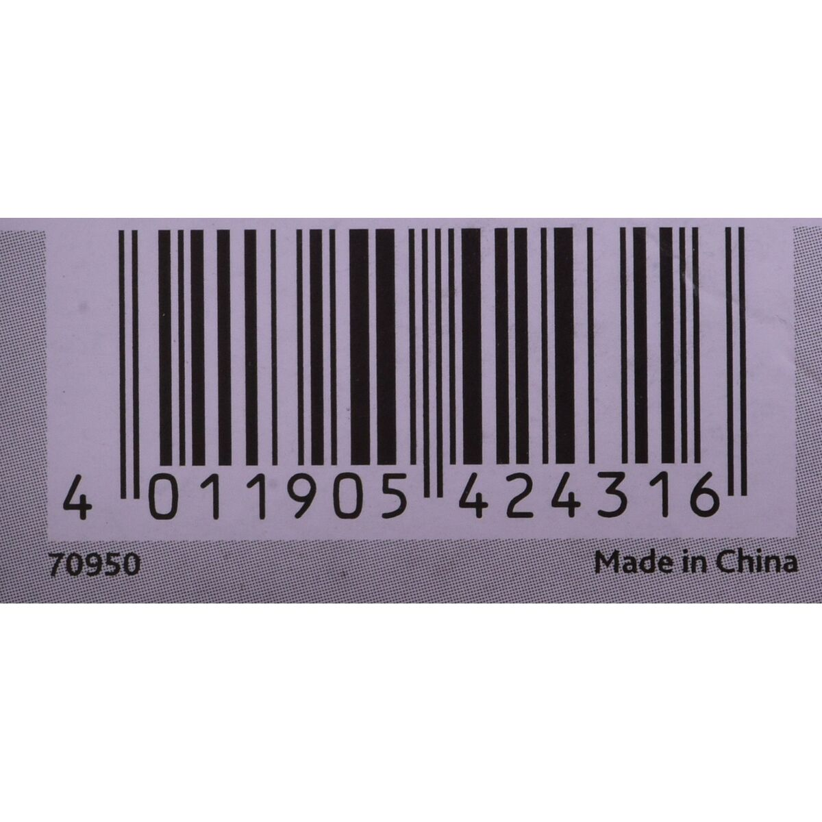 Codice a barre con linee verticali nere su sfondo viola chiaro. Numeri e testo 'Made in China' stampati.