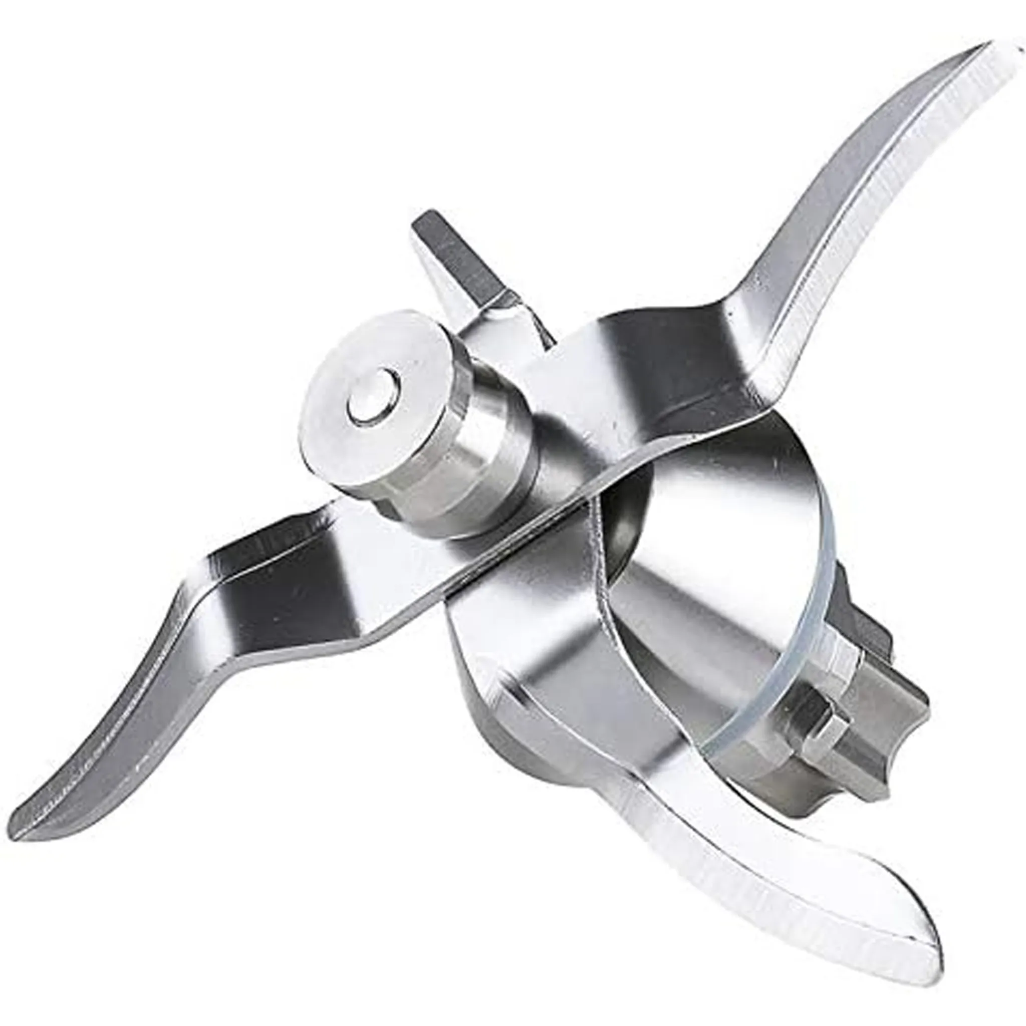 Nahaufnahme einer Mixer-Klingenanordnung. Die Klingen bestehen aus glänzendem Silbermetall und sind gebogen und scharf.
