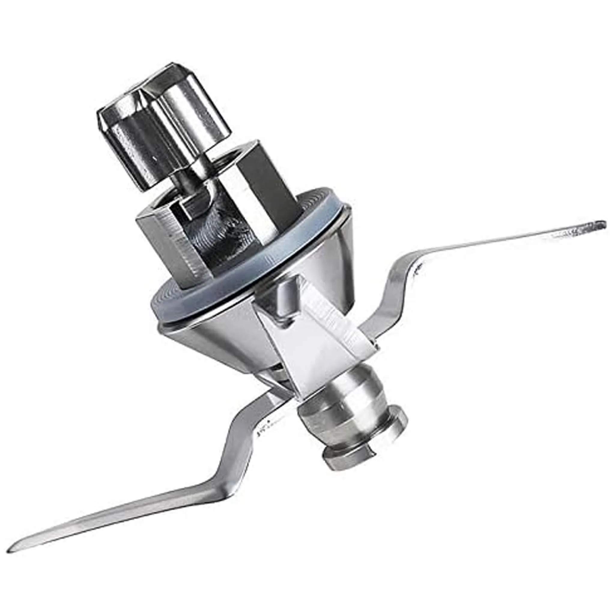Nahaufnahme einer Mixer-Klingenanordnung. Sie besteht aus glänzendem Metall mit zwei nach außen ragenden Klingen.