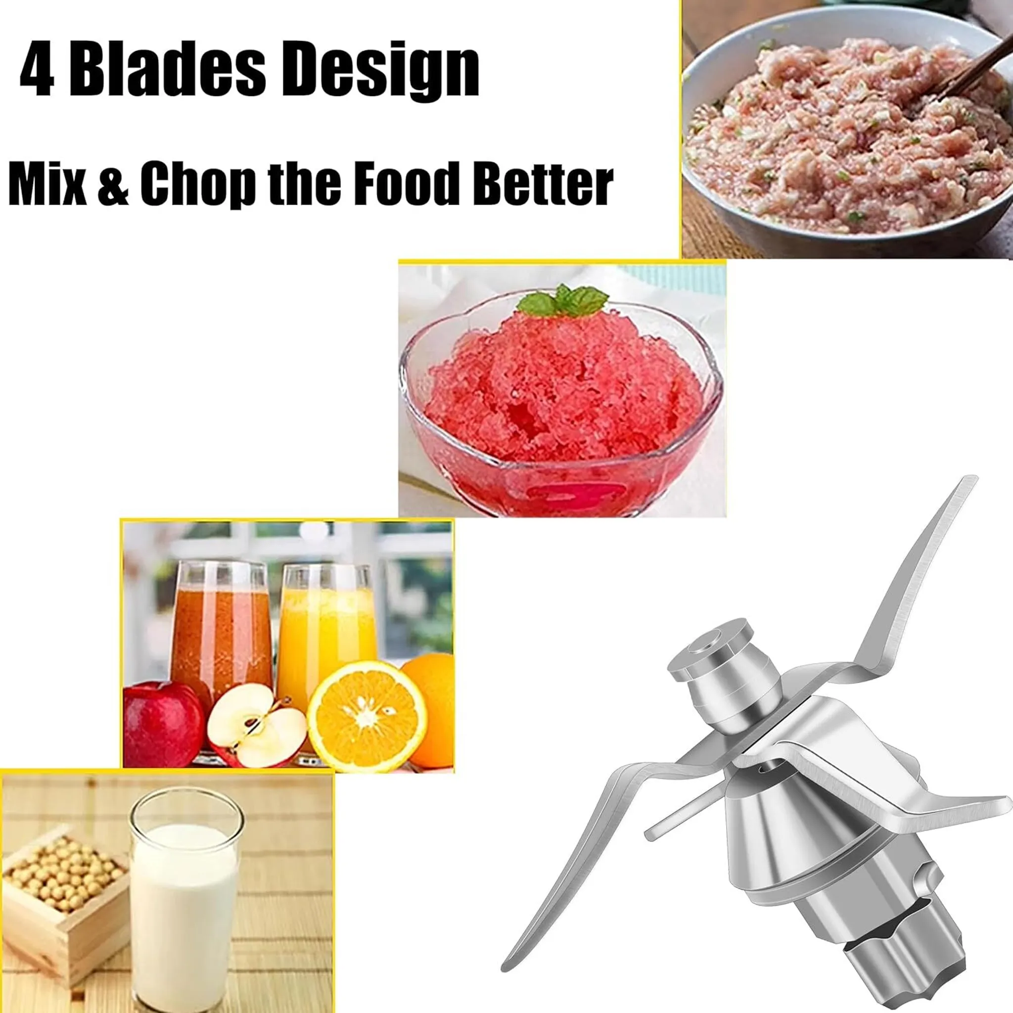 Das Bild zeigt ein Lebensmittelverarbeitungskonzept: Klingen, Essen, Saft und Text '4 Blades Design. Mix & Chop the Food Better'.