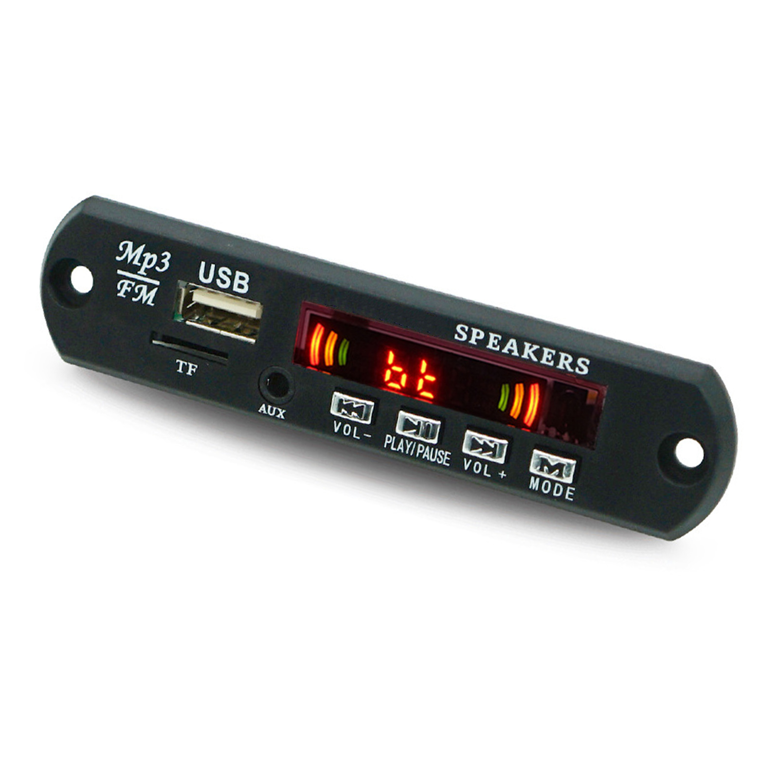 Ein schwarzes MP3-Player-Panel mit USB-, TF- und AUX-Anschlüssen und einer Digitalanzeige mit 'bt'.