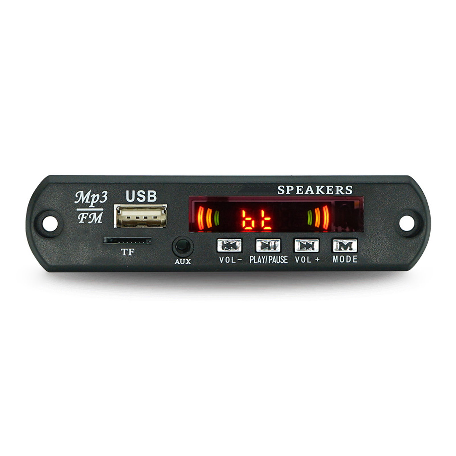 Ein schwarzer MP3-Player mit USB-, FM- und TF-Eingängen. Verfügt über ein LED-Display und Steuertasten für Lautstärke, Wiedergabe/Pause und Modus.