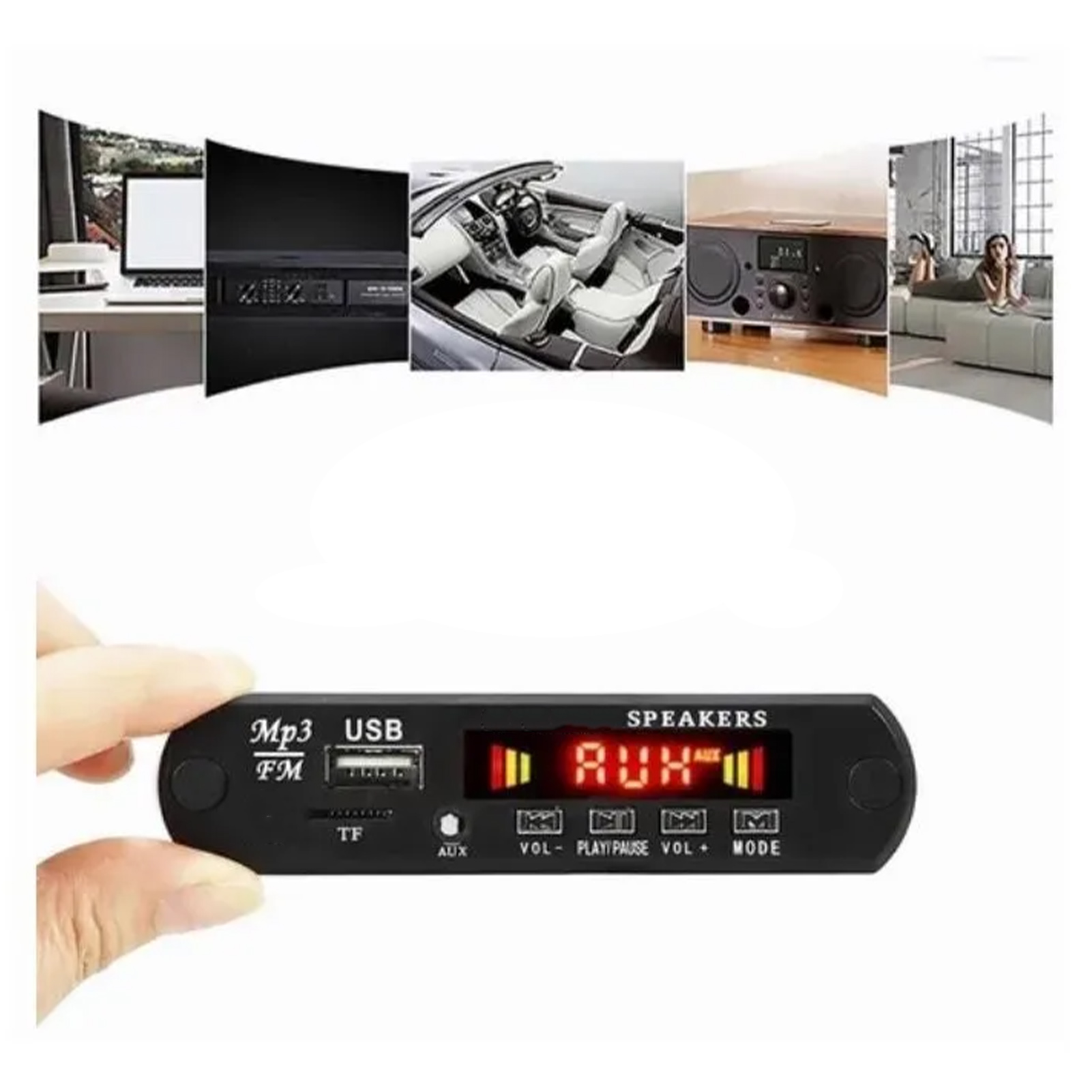 Eine Hand, die einen schwarzen Audioplayer hält. Es verfügt über USB-, FM- und AUX-Eingänge sowie ein Display mit rotem Text.