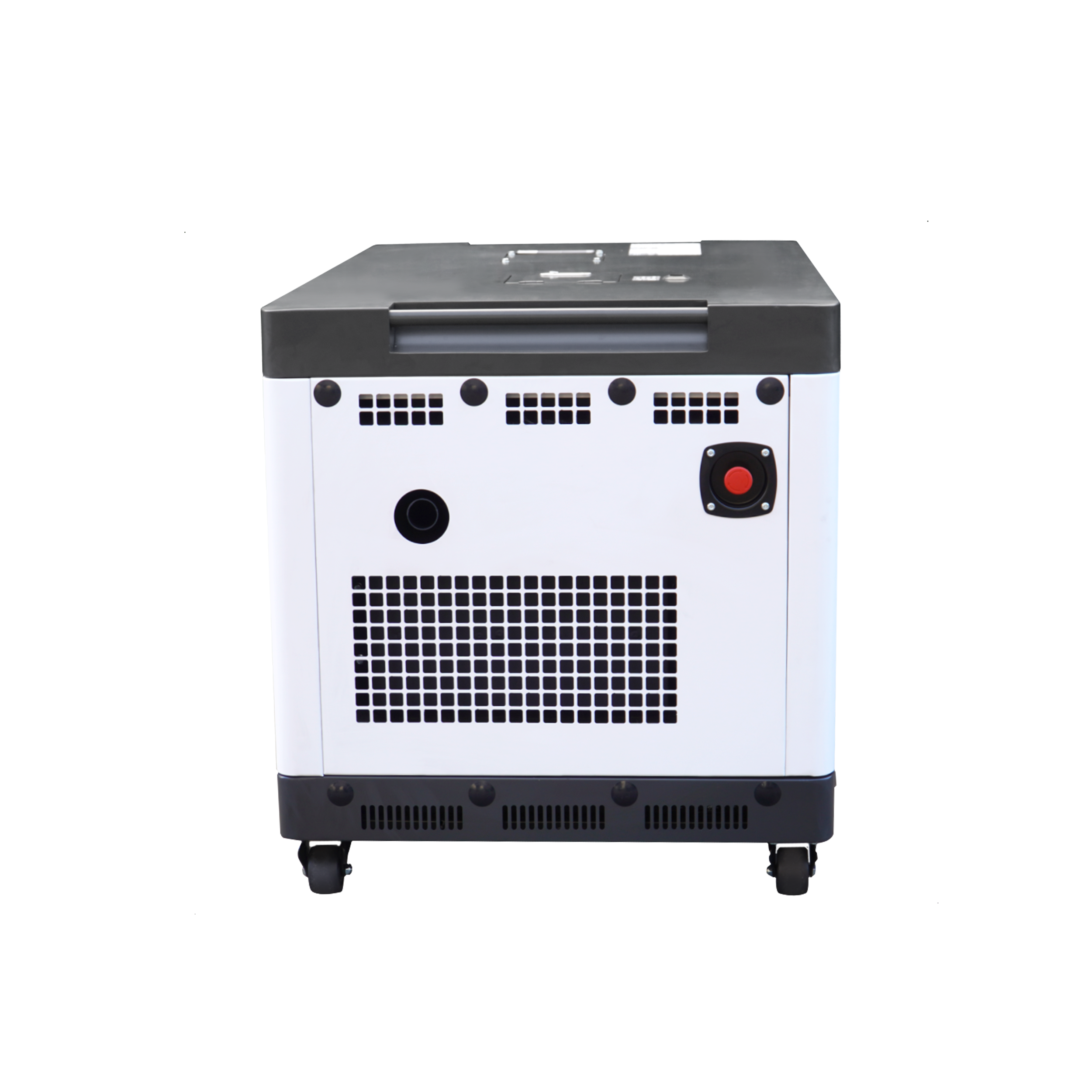 Un generador blanco con tapa y base negras. Tiene un botón rojo y ventilaciones negras. Tiene ruedas.