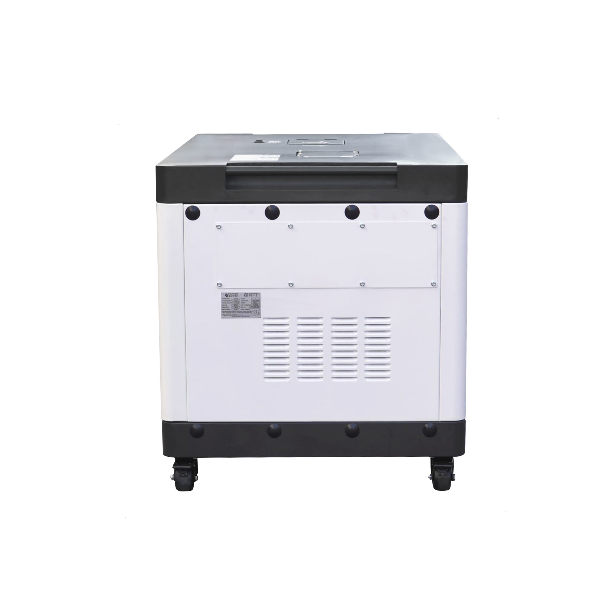 Un generador blanco y negro sobre ruedas. Tiene ventilación, panel de control y asa superior.