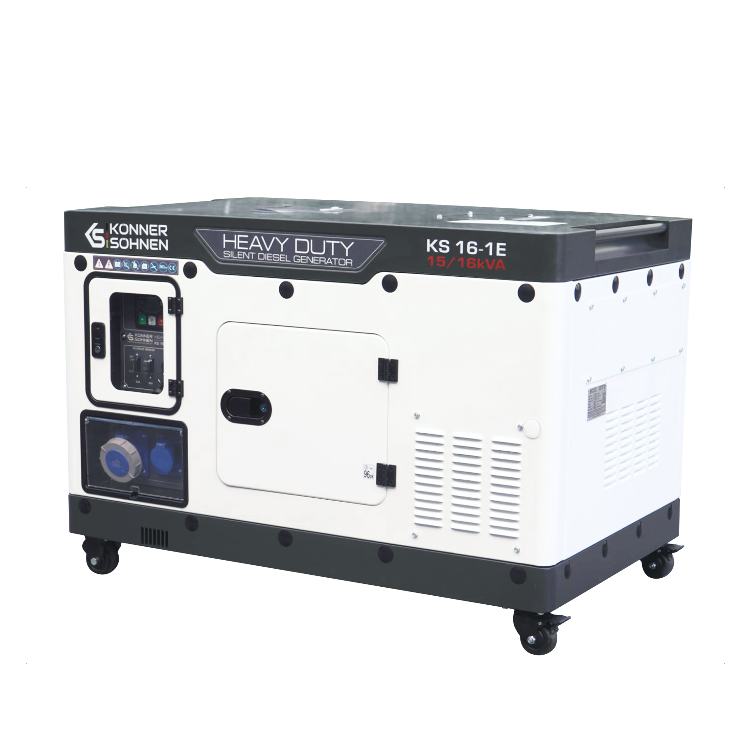 Un generador diésel blanco y negro. Tiene la marca Konner & Sohnen, el modelo KS 16-1E y dice Heavy Duty.