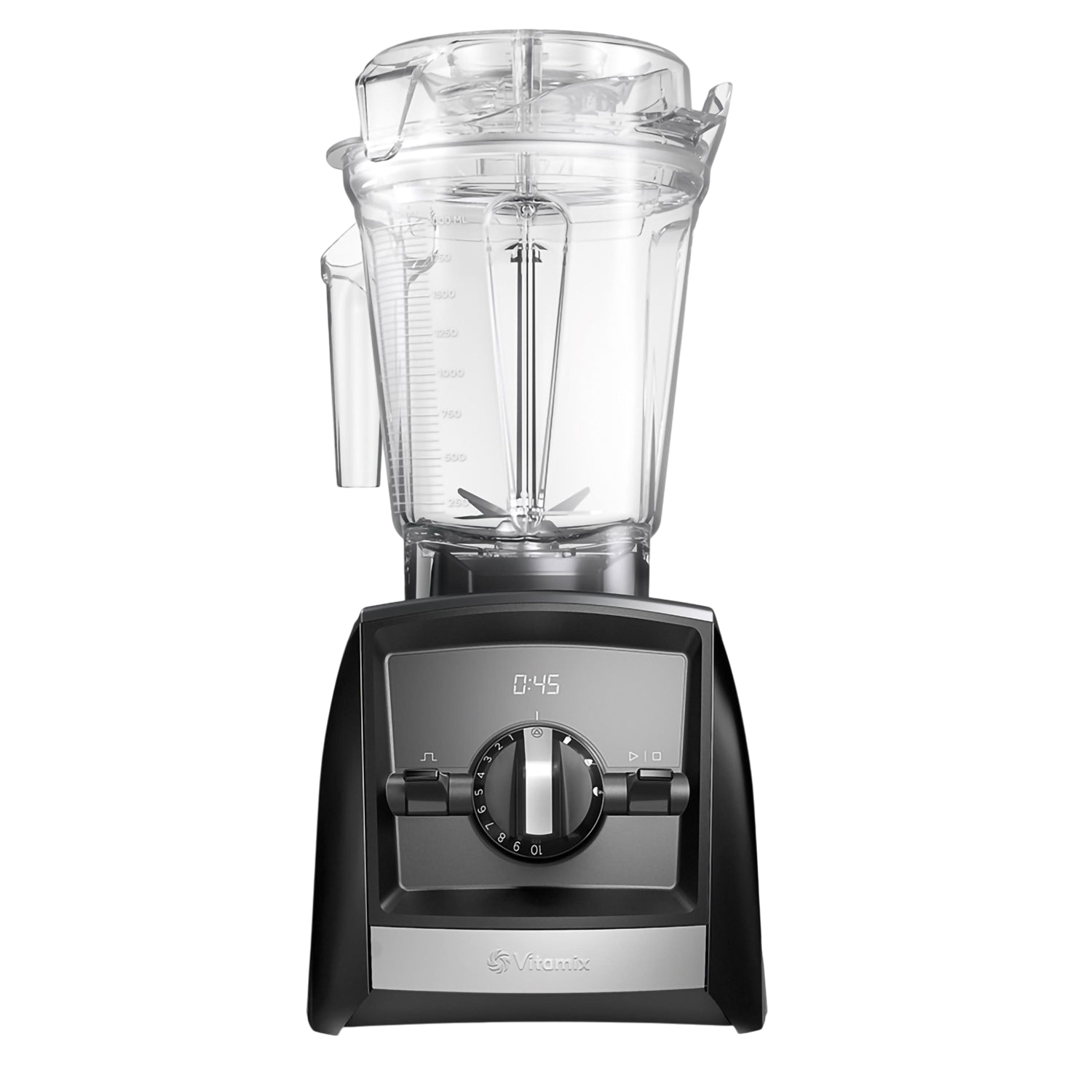 Un frullatore Vitamix, con un contenitore di plastica trasparente sopra. Ha un display digitale e un quadrante di controllo. Lo sfondo è nero.