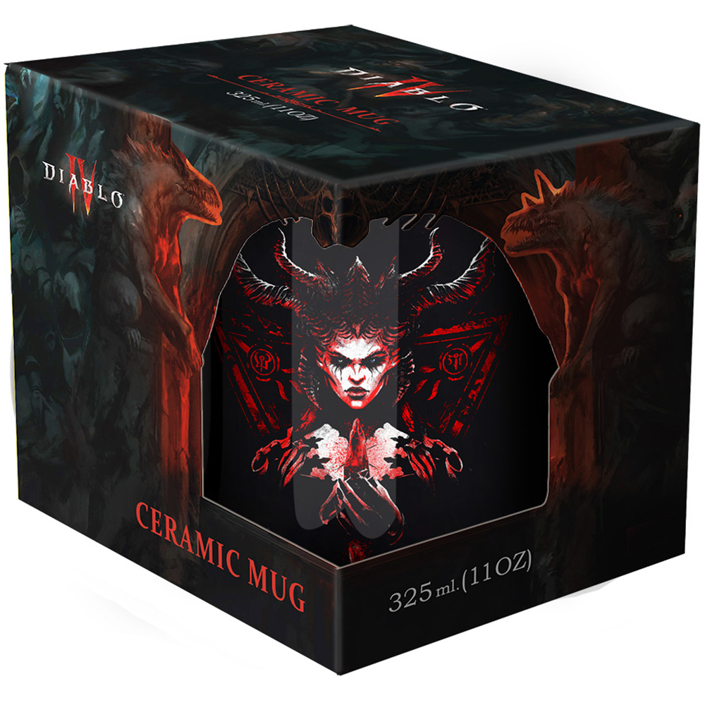 Eine Diablo-Keramiktasse in einer Box. Die Tasse zeigt einen roten und schwarzen Dämon. Die Box ist schwarz mit Diablo-Grafiken. Es steht Keramiktasse.