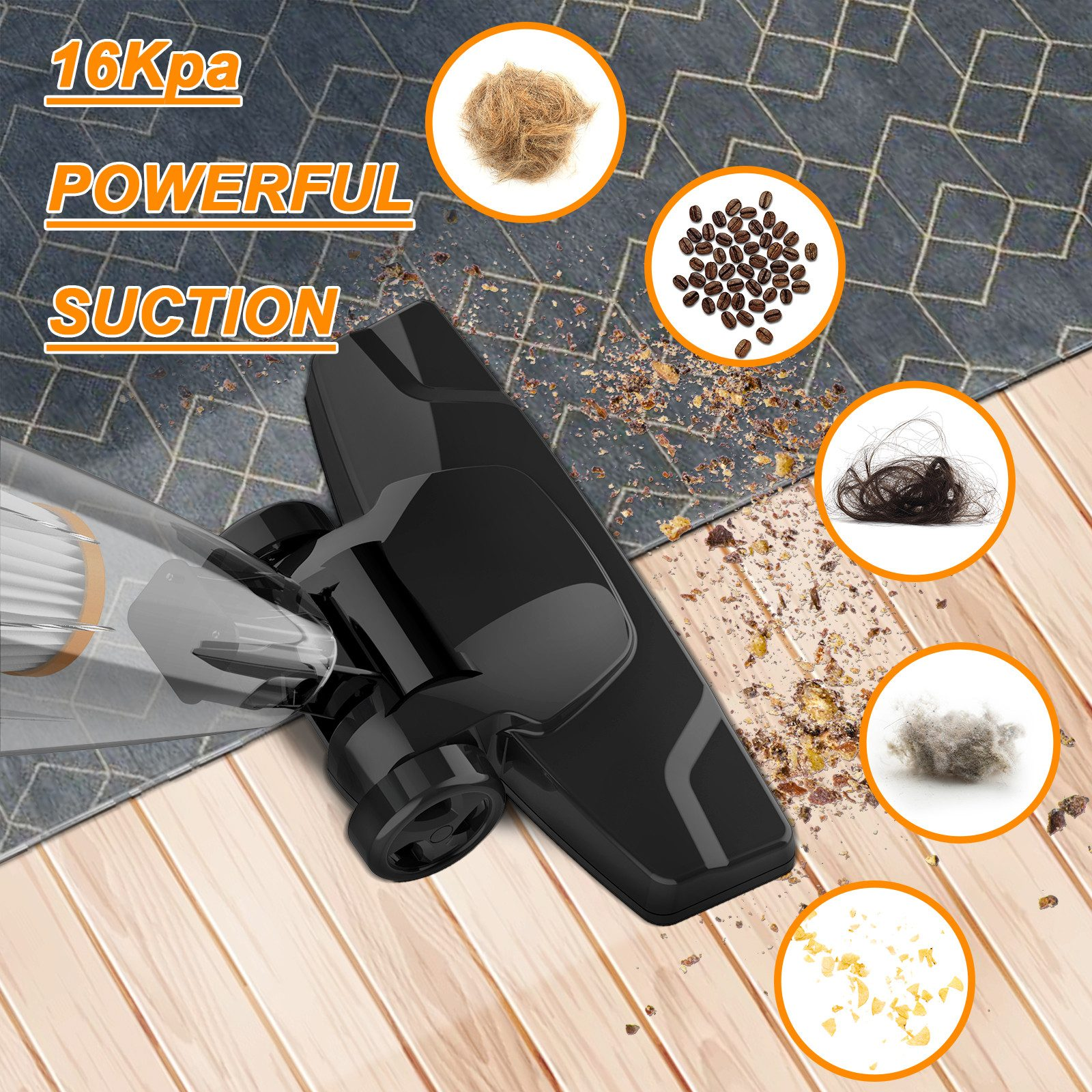 Schwarzer Staubsaugerkopf auf Holz. Text zeigt 'Powerful Suction'. Kreise zeigen Schmutz wie Haare und Kaffeebohnen.