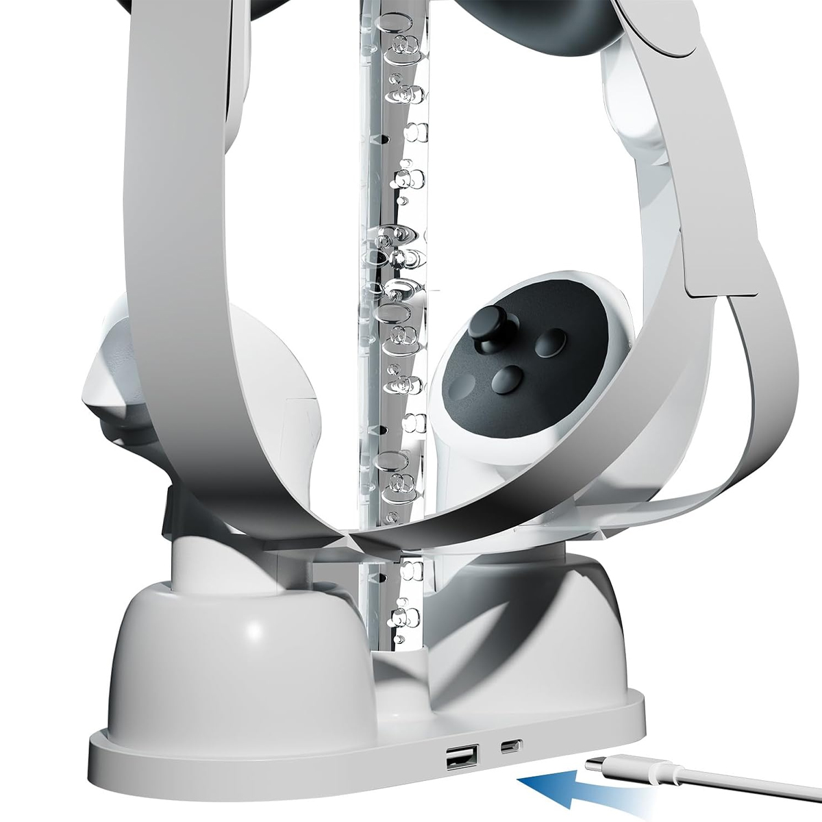 Weißer VR-Headset-Ständer mit Controllern, Ladekabel eingesteckt. Klare Röhre mit Blasen. Schwarz-weißes Farbschema.