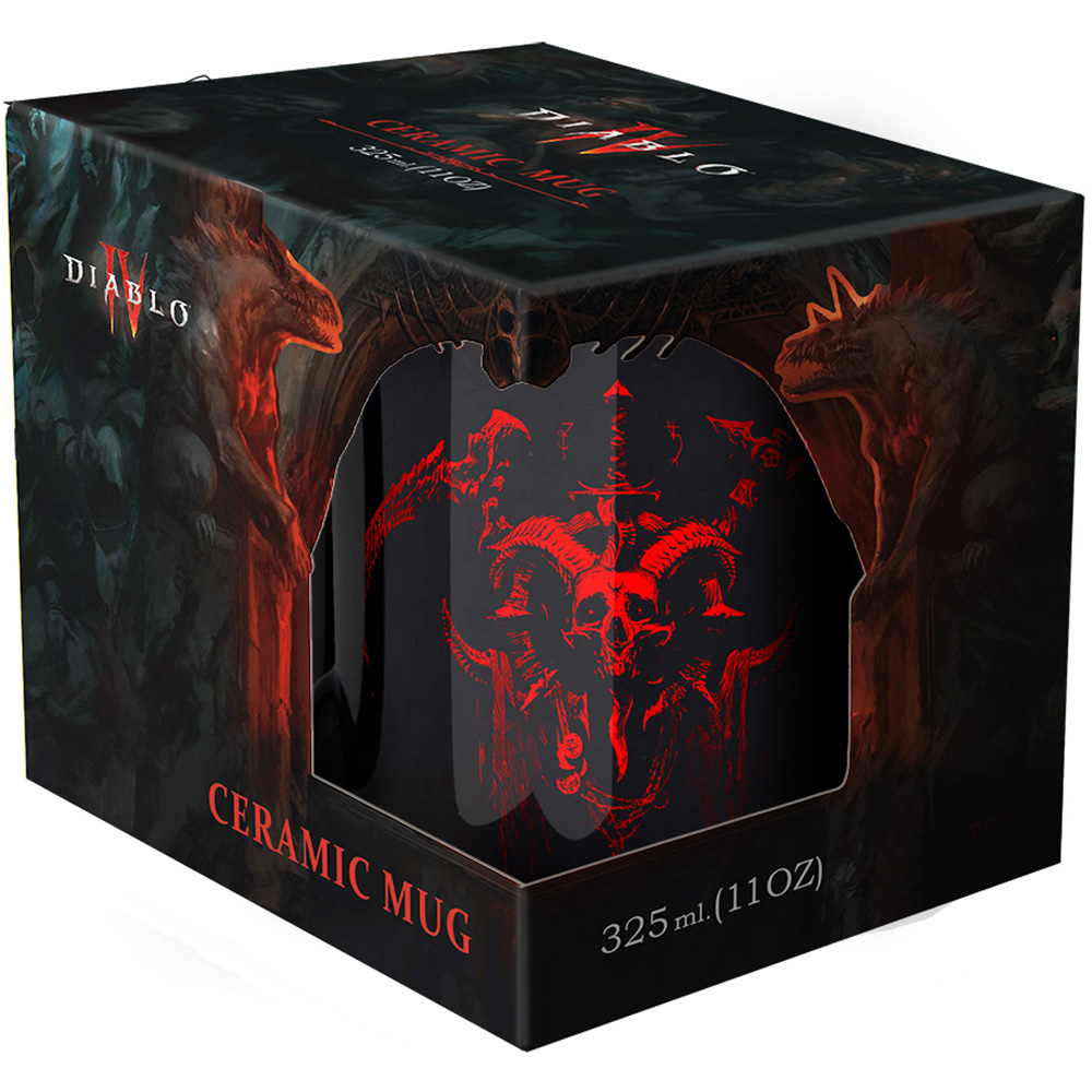 Ein Diablo IV Keramikbecher in einer Schachtel. Der Becher ist schwarz mit rotem Dämonen-Design. Die Box ist schwarz mit Diablo-Grafiken.
