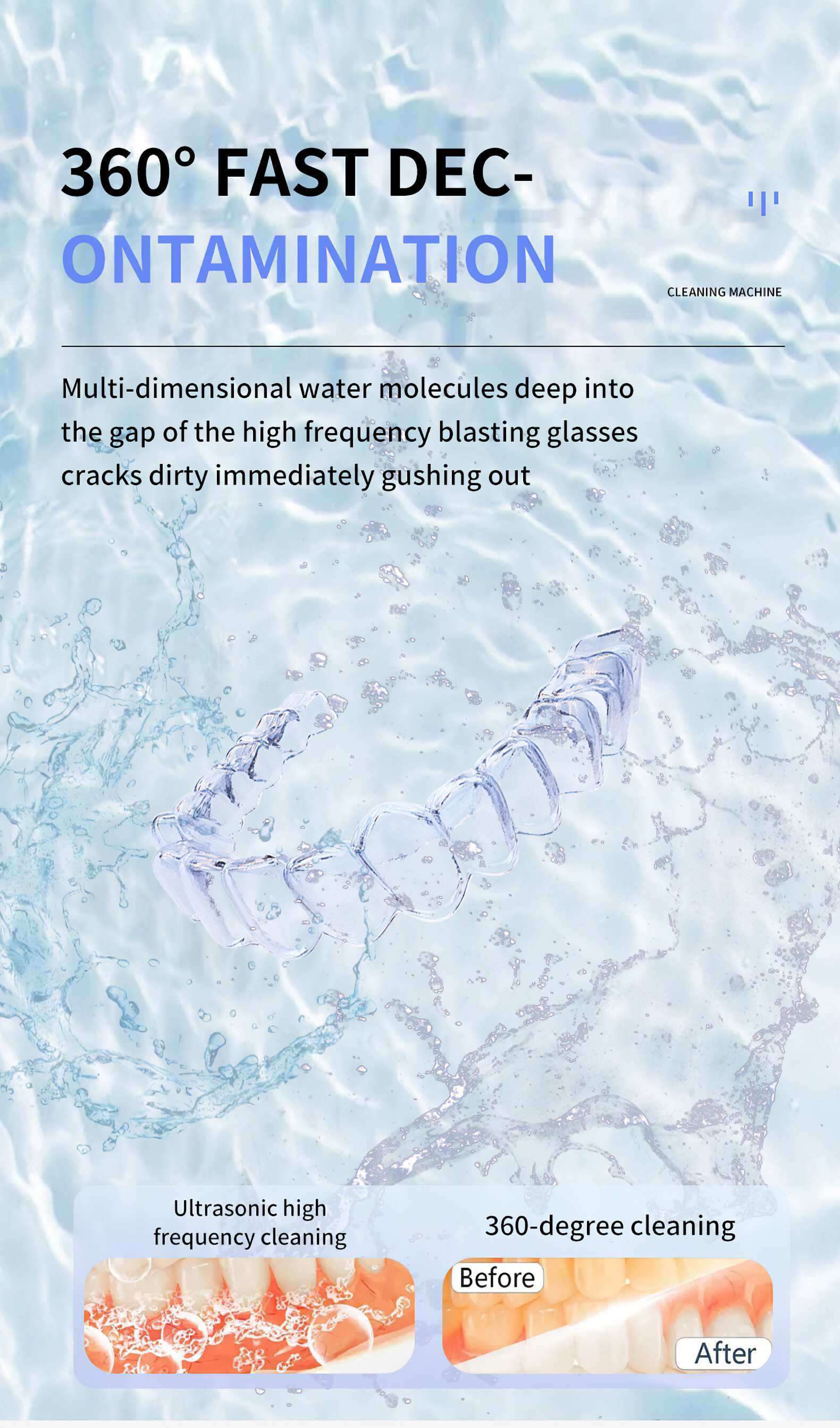 Das Bild zeigt einen klaren Zahnausrichter im Wasser. Text weist auf 360°-Reinigung hin. Vorher/Nachher-Bilder zeigen Zahnreinigung.