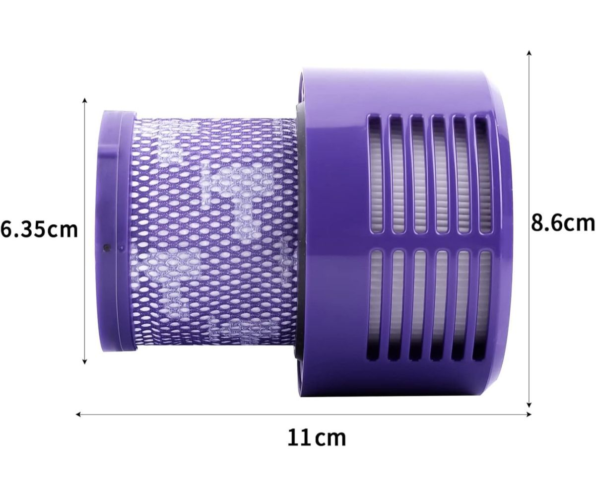 Ein violetter Staubsaugerfilter mit Maßangaben. Der Filter ist 11 cm lang und 8,6 cm hoch. Der Durchmesser beträgt 6,35 cm.