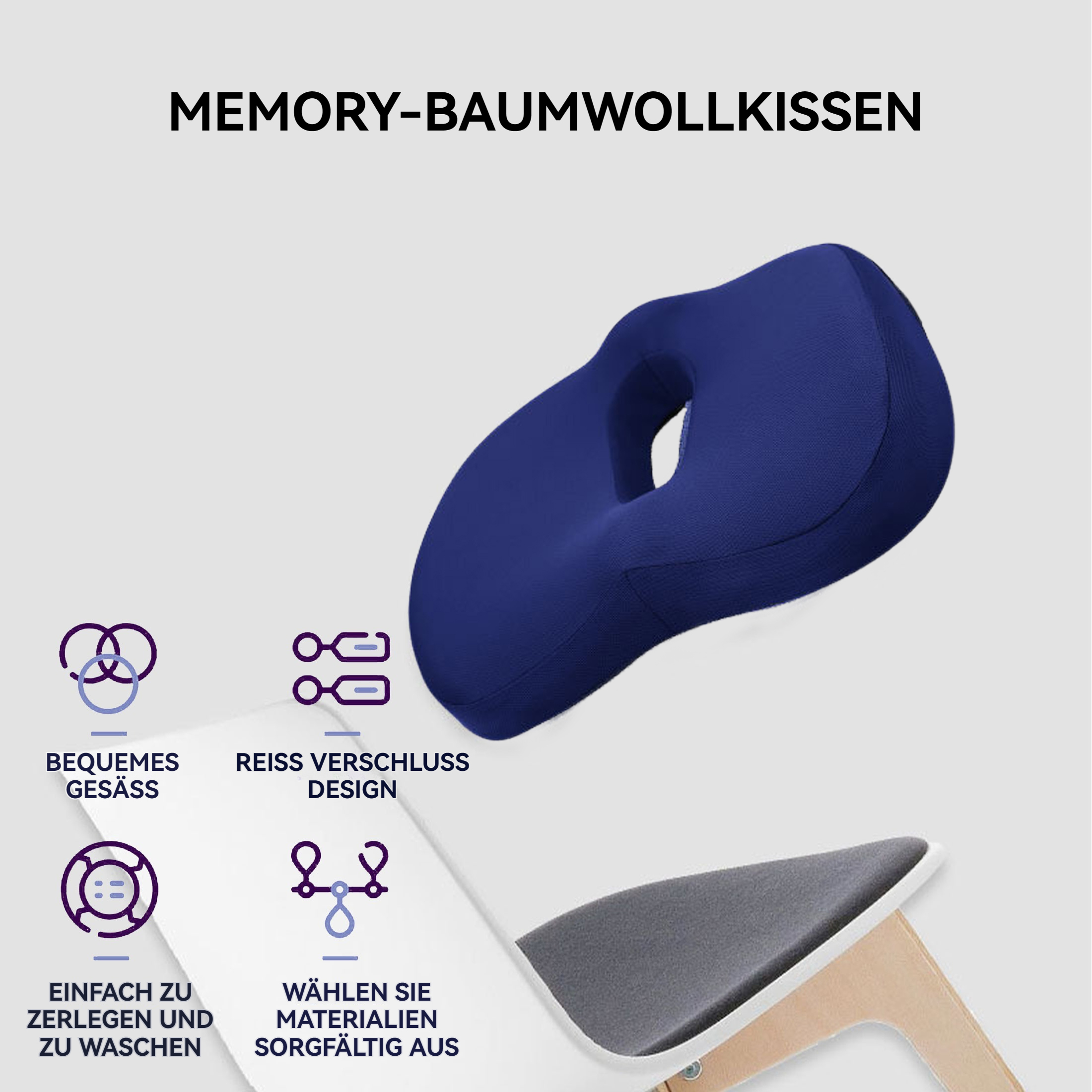 Ein blaues Memory-Foam-Kissen mit Loch, Produktmerkmale und ein Stuhl.