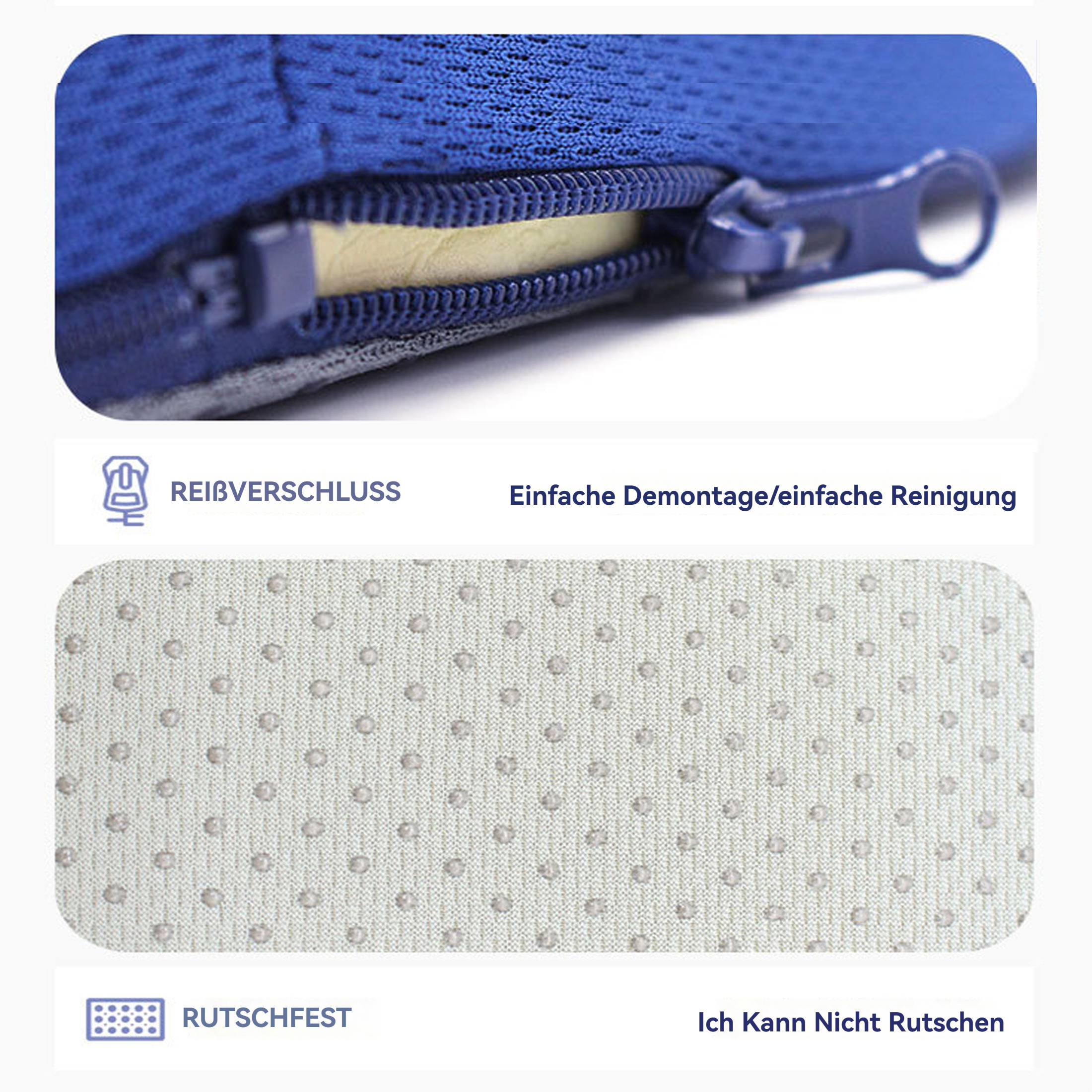 Nahaufnahme zeigt blauen Reißverschluss. Darunter eine gepunktete Oberfläche, beschriftet mit 'rutschfest'.