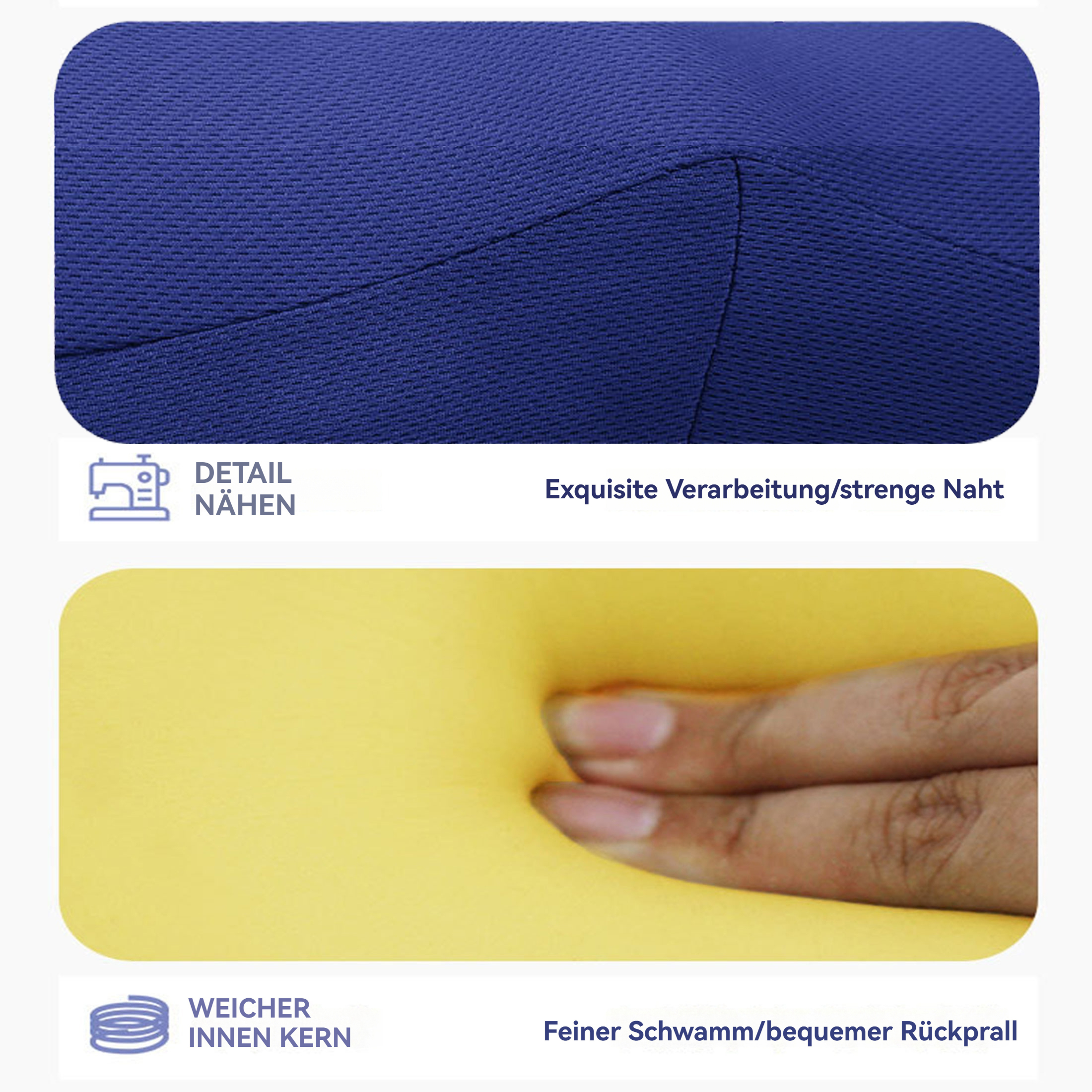 Das Bild zeigt ein blaues Stoffdetail und einen gelben Schwamm, der von einer Hand gedrückt wird.