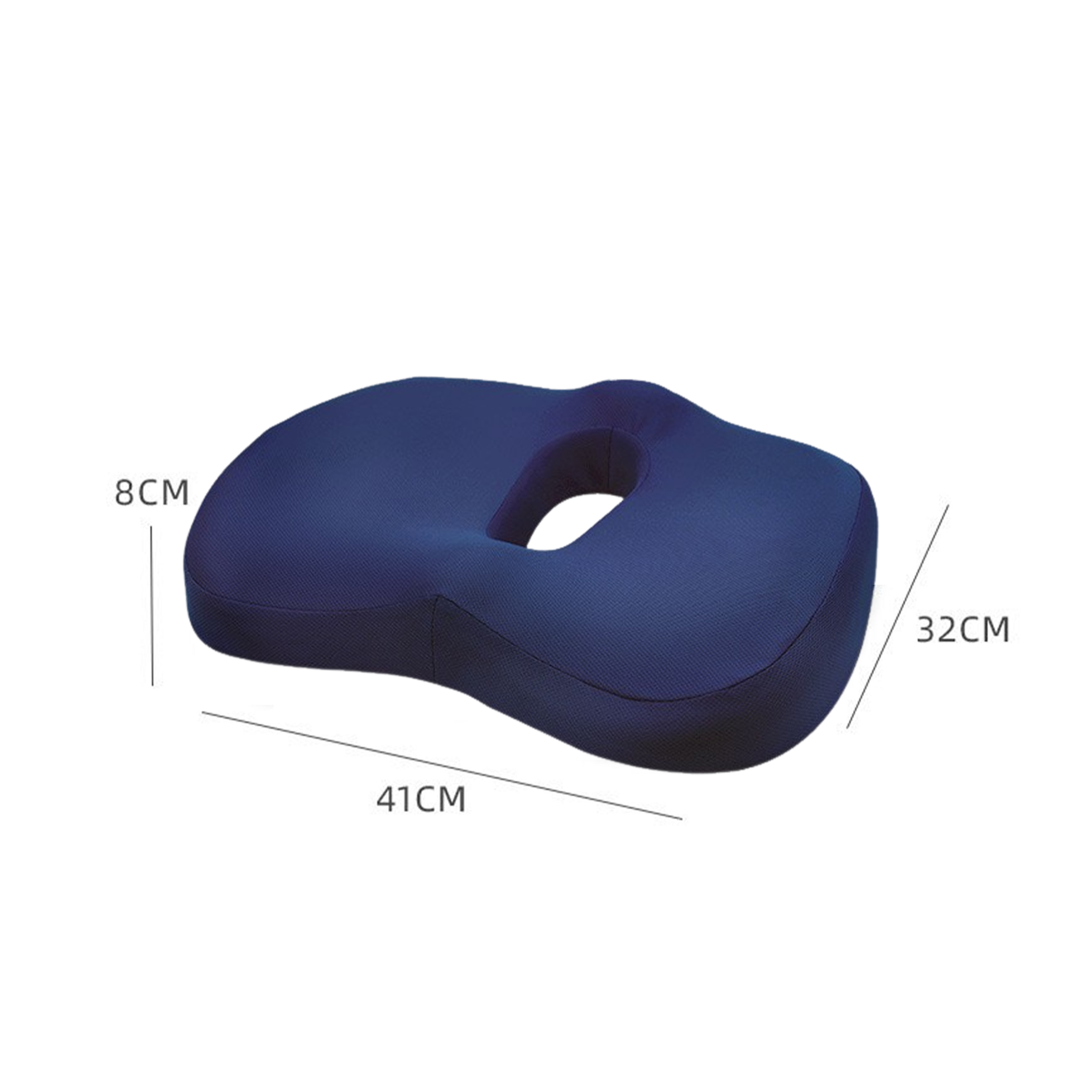 Ein blaues Kissen mit einem Loch in der Mitte. Es ist 41 cm lang, 32 cm breit und 8 cm dick.