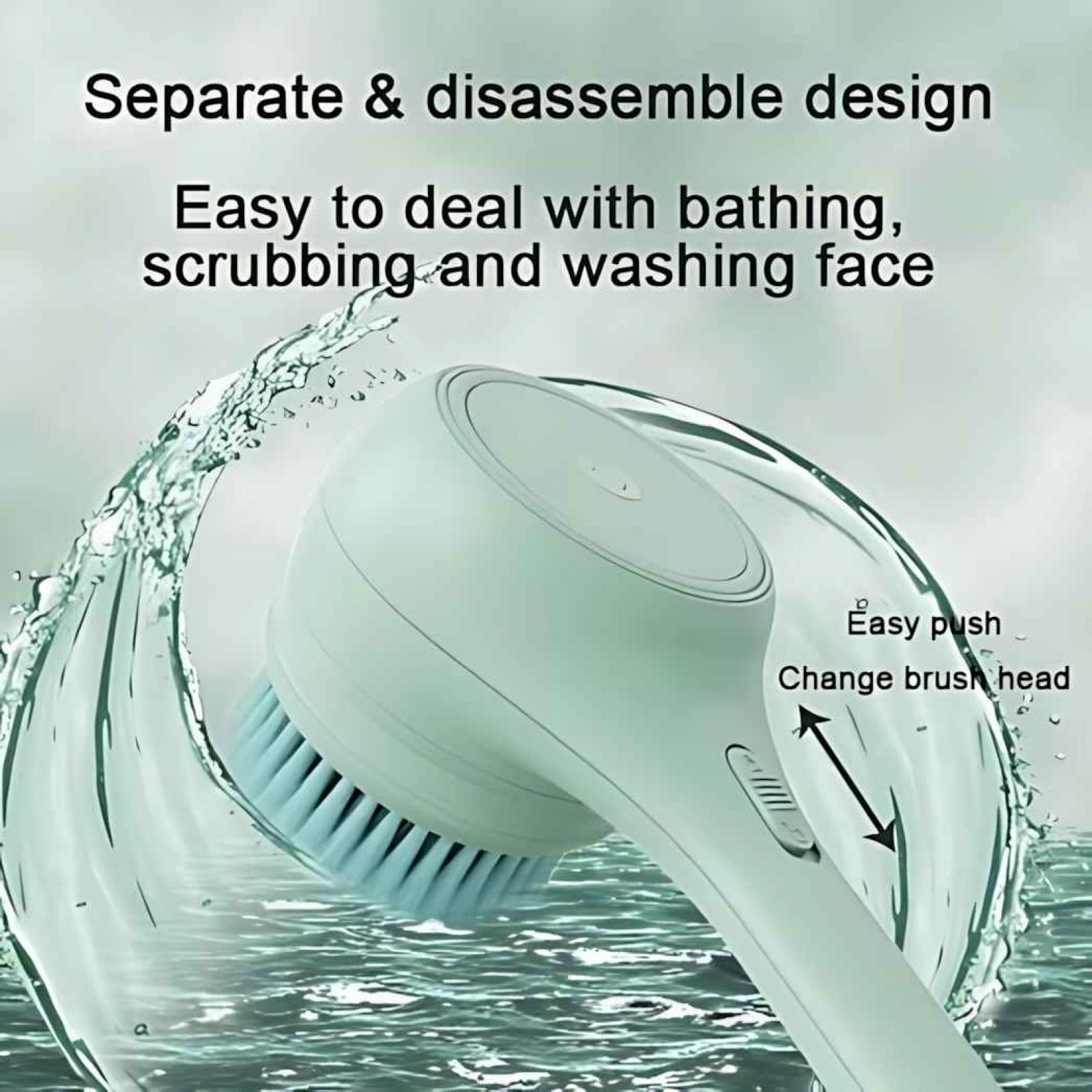 Eine weiße Gesichtsbürste mit Wasserspritzern. Text: Separates & zerlegbares Design. Einfach zu handhaben beim Baden.