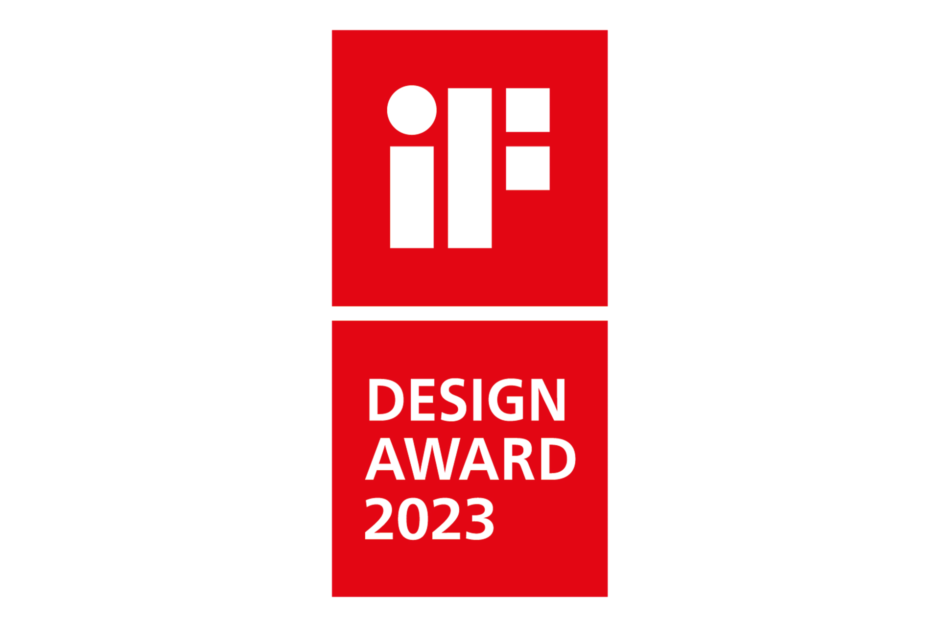 Das iF Design Award 2023 Logo auf schwarzem Hintergrund. Das Logo ist rot und weiß mit den Worten 'DESIGN AWARD 2023'.