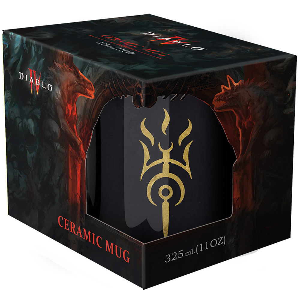 Schwarze Diablo-Keramiktasse in einer Schachtel. Die Schachtel hat Diablo-Kunst mit einem roten Drachen. Die Tasse hat ein goldenes Symbol.