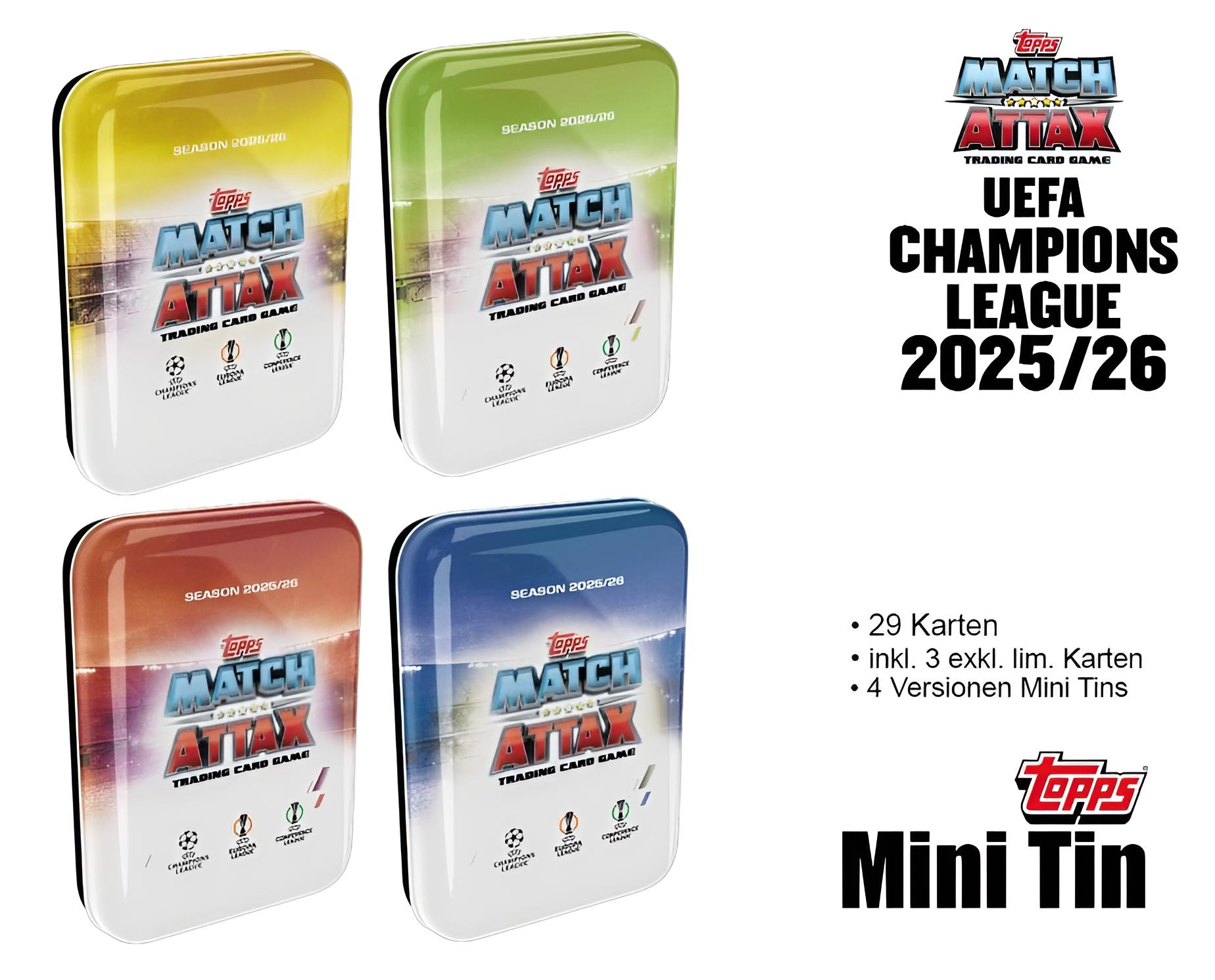 Vier Topps Match Attax Sammelkarten-Spiele-Dosen. Jede Dose hat eine andere Farbe mit dem UEFA Champions League Logo.