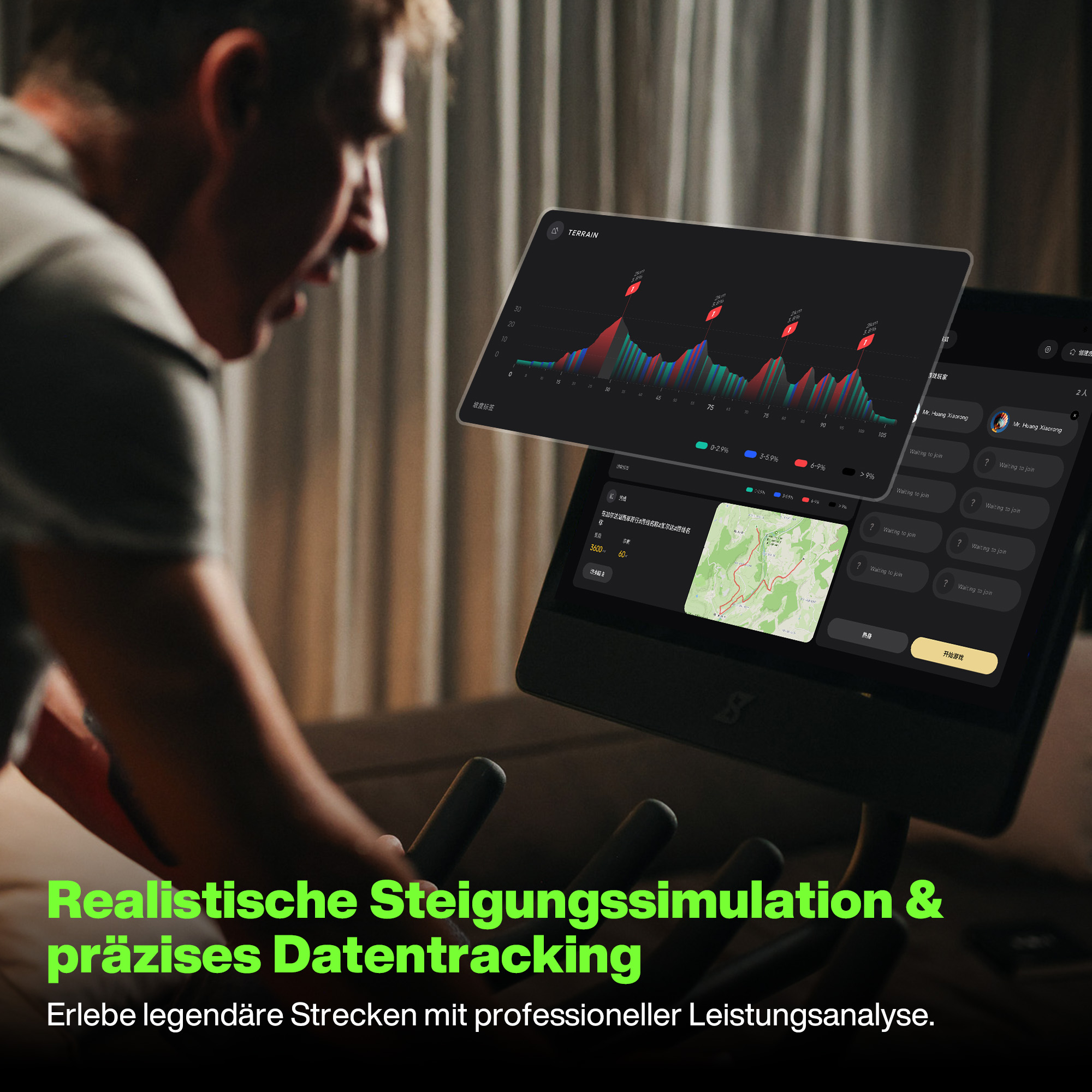 Ein Mann benutzt ein Fahrrad, mit Bildschirmen, die Diagramme und Daten anzeigen. Der Bildschirm zeigt eine Karte und Leistungskennzahlen.
