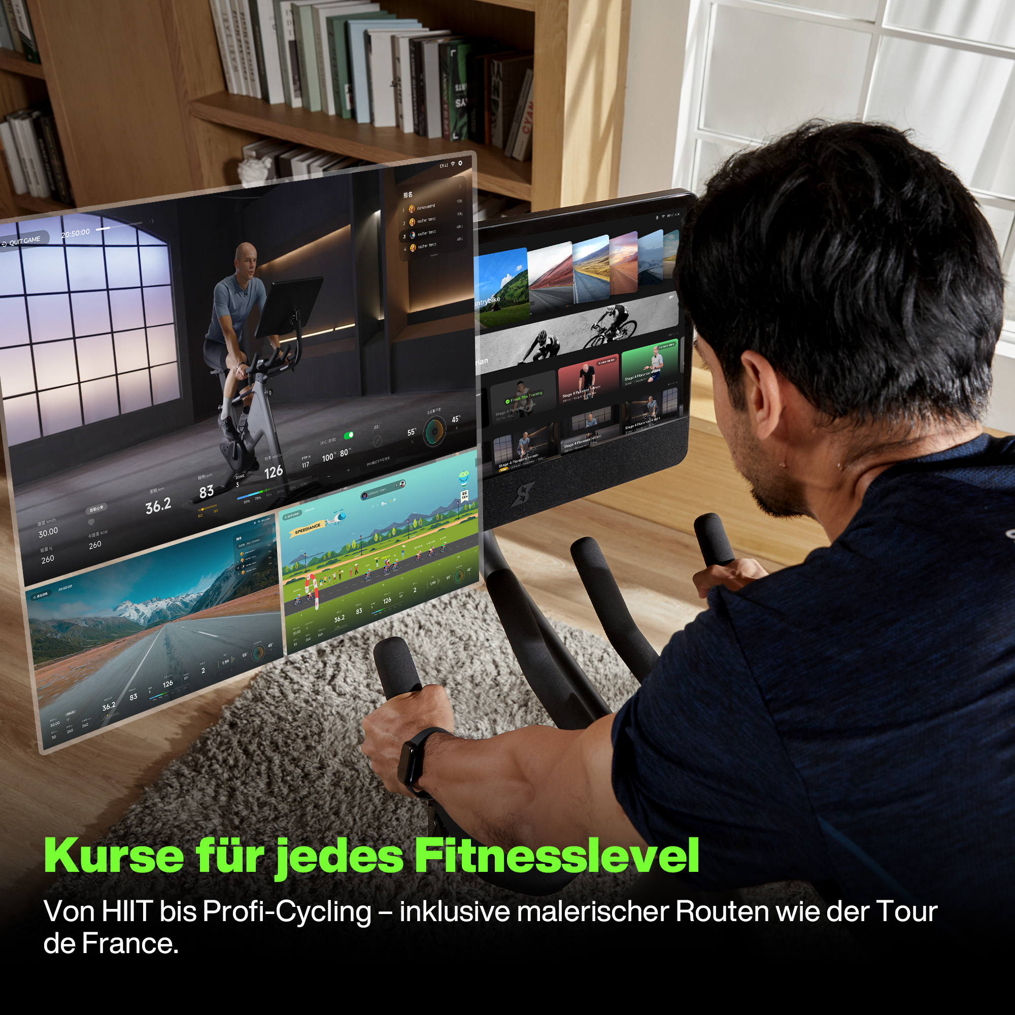 Ein Mann auf einem Heimtrainer betrachtet Bildschirme mit Fahrdaten. Deutschsprachiger Text ist sichtbar.