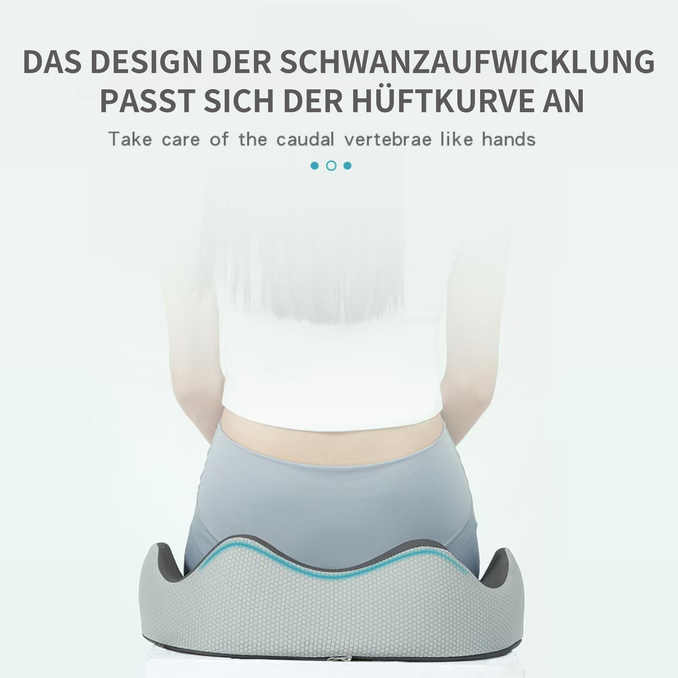 Eine Person sitzt auf einem grauen Kissen, darüber Text, der die Wirbelsäulenpflege bewirbt.