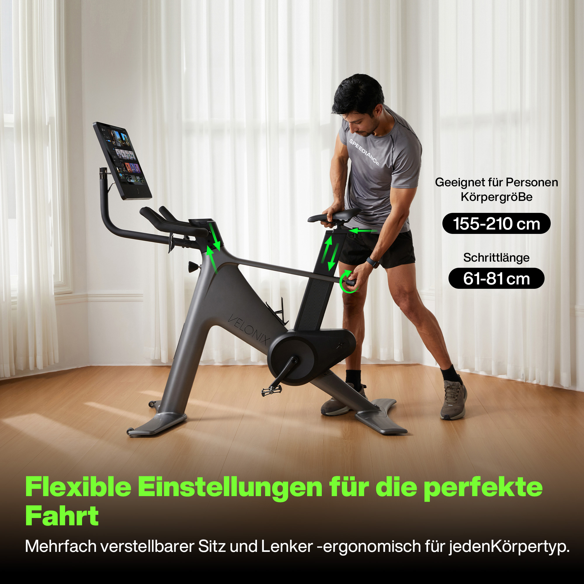 Ein Mann justiert ein graues Trainingsrad. Auf dem Rad steht 'VELONIX'. Text rechts zeigt Körpergröße und Schrittlänge.