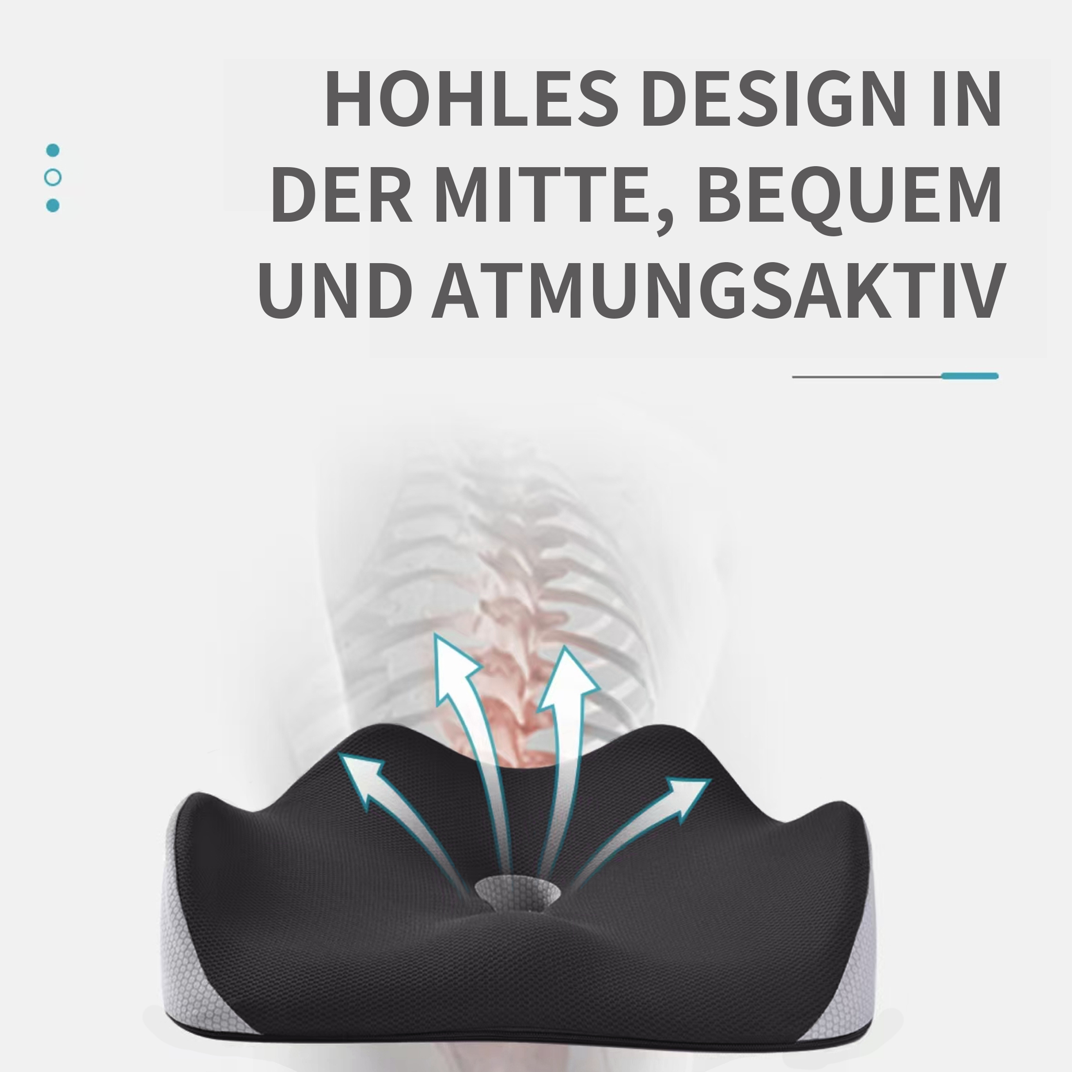 Schwarzes ergonomisches Kissen mit weißen Seiten und einem zentralen Loch. Pfeile zeigen den Luftstrom an.