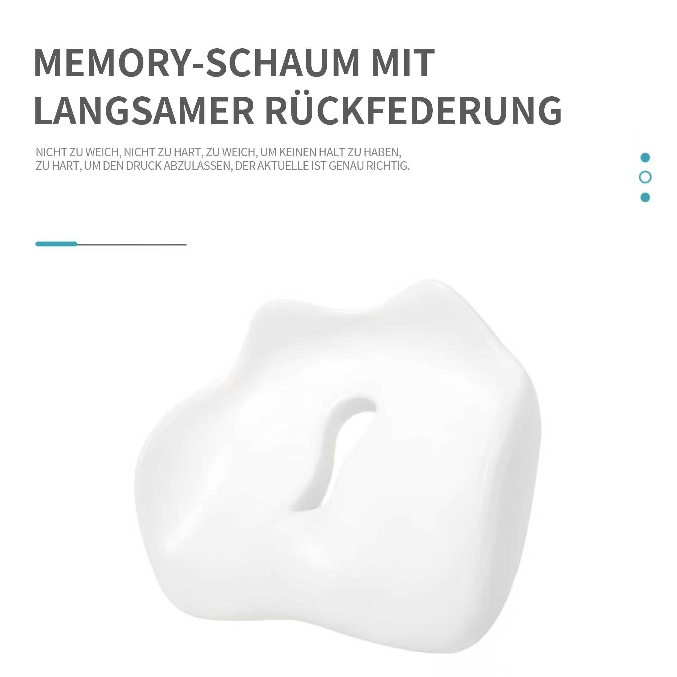 Weißes Memory-Schaum-Kissen mit geschwungenem Design. Text auf Deutsch sagt, es ist nicht zu weich, nicht zu hart, genau richtig.