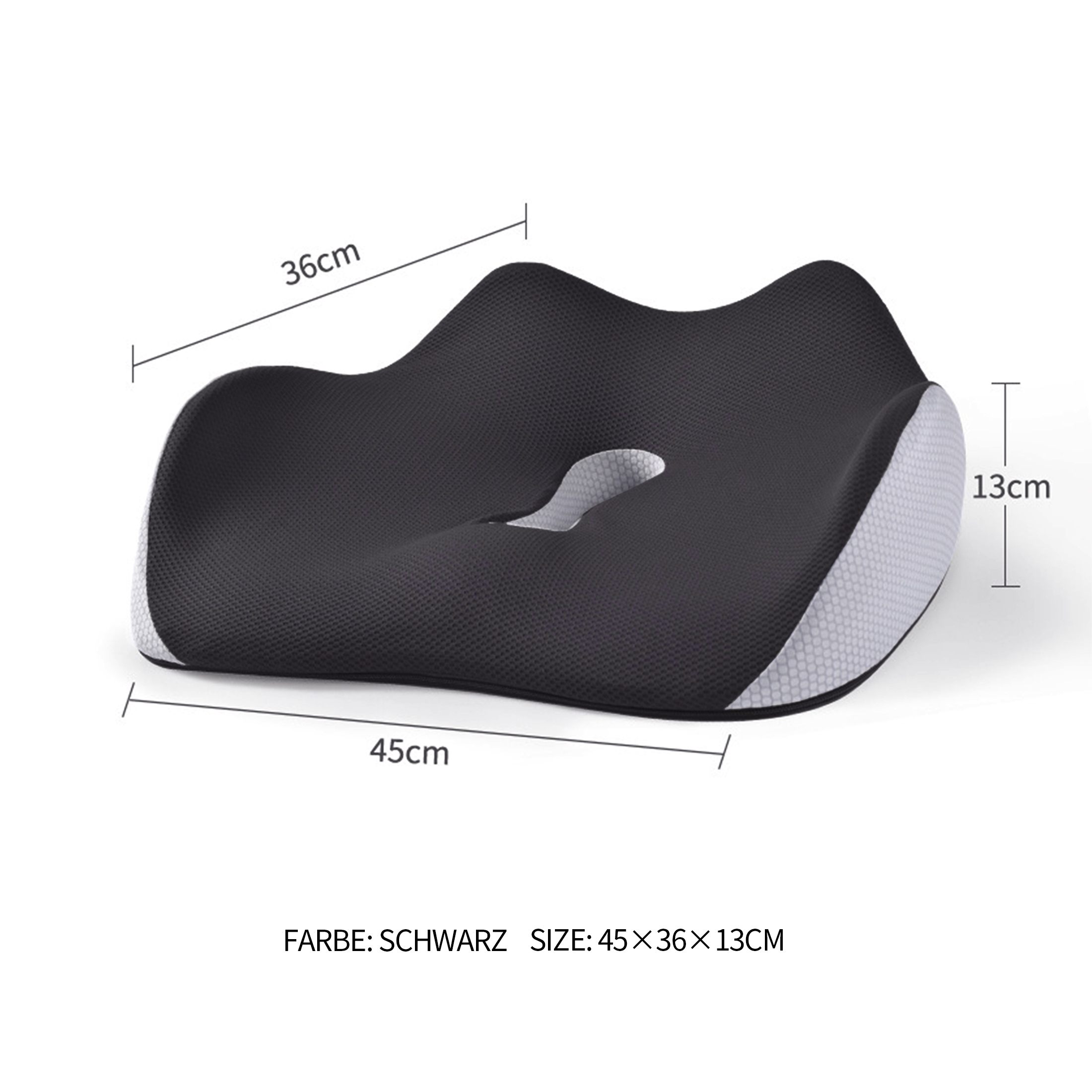 Schwarzes ergonomisches Kissen mit Beschriftung. Das Kissen hat ein Loch und weiße Seiten. Text: Farbe schwarz, Größe 45x36x13cm.