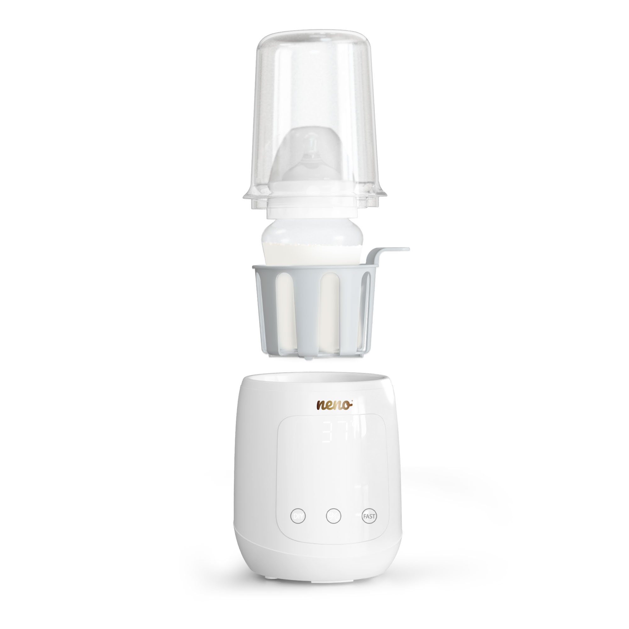 Zerlegter weißer Babyflaschenwärmer. Klarer Deckel, Flasche mit Milch und ein grauer Korb sitzen auf der weißen Basis mit Knöpfen.