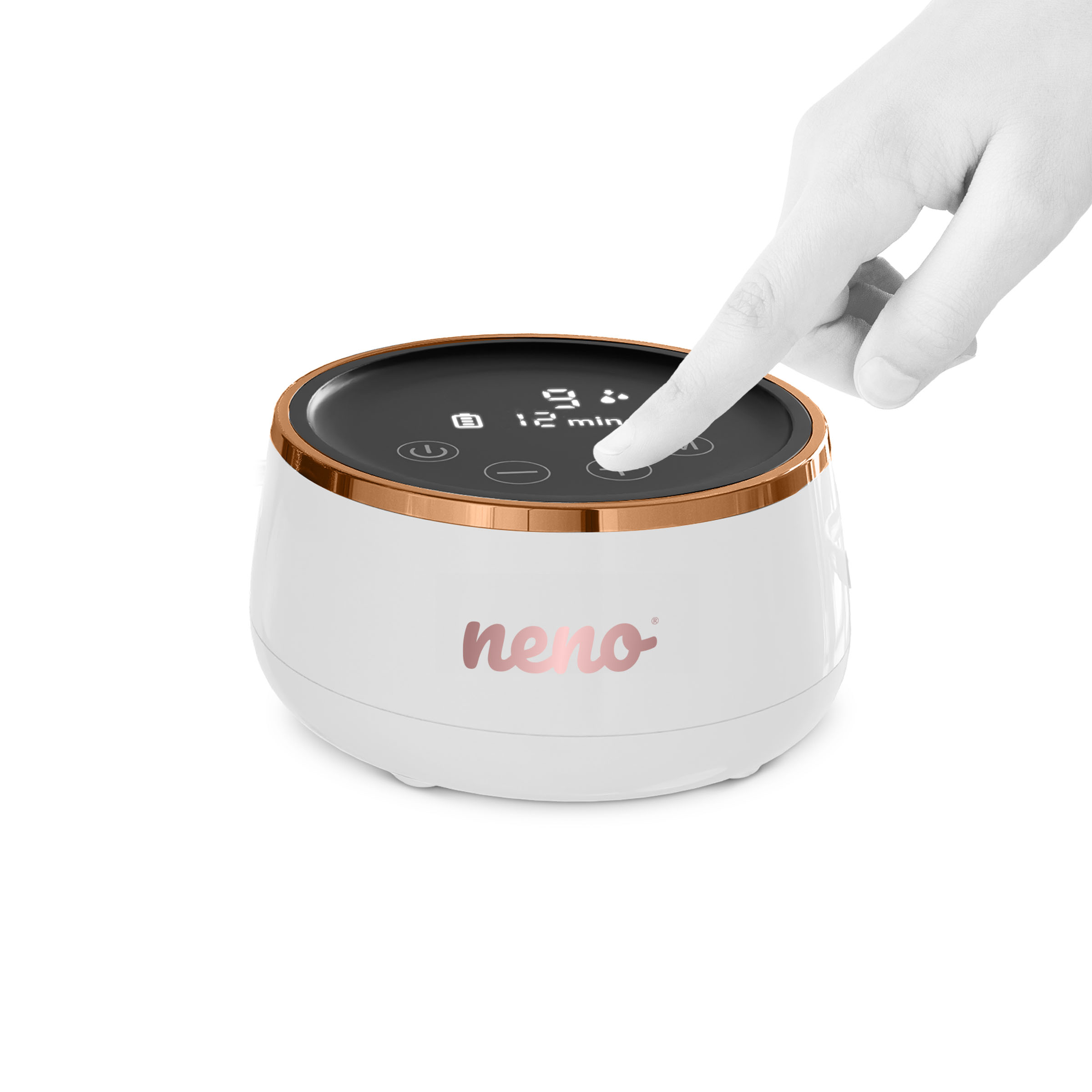 Ręka dotyka biało-różowo-złotego urządzenia z ekranem wyświetlającym cyfry. Urządzenie ma napis 'neno'.