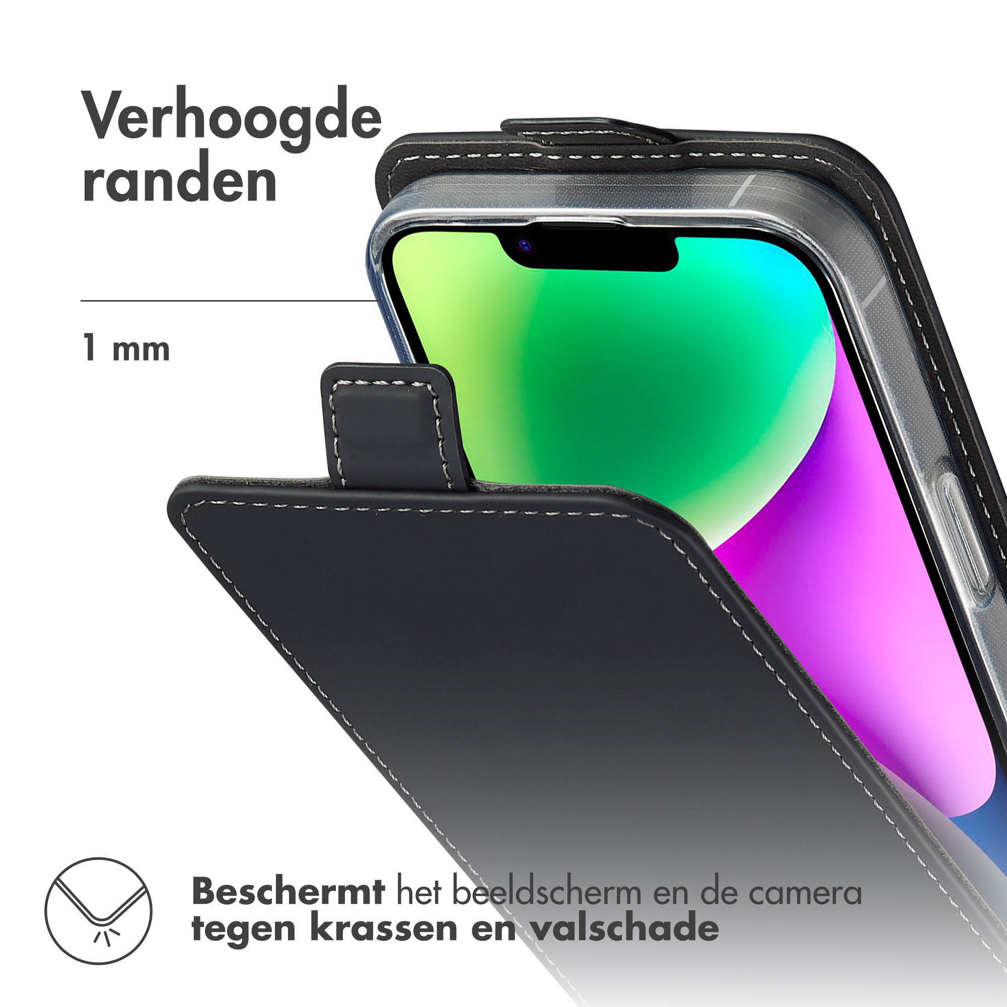 Coque de téléphone à bords surélevés. La coque protège l'écran et l'appareil photo des rayures. L'écran du téléphone est visible.