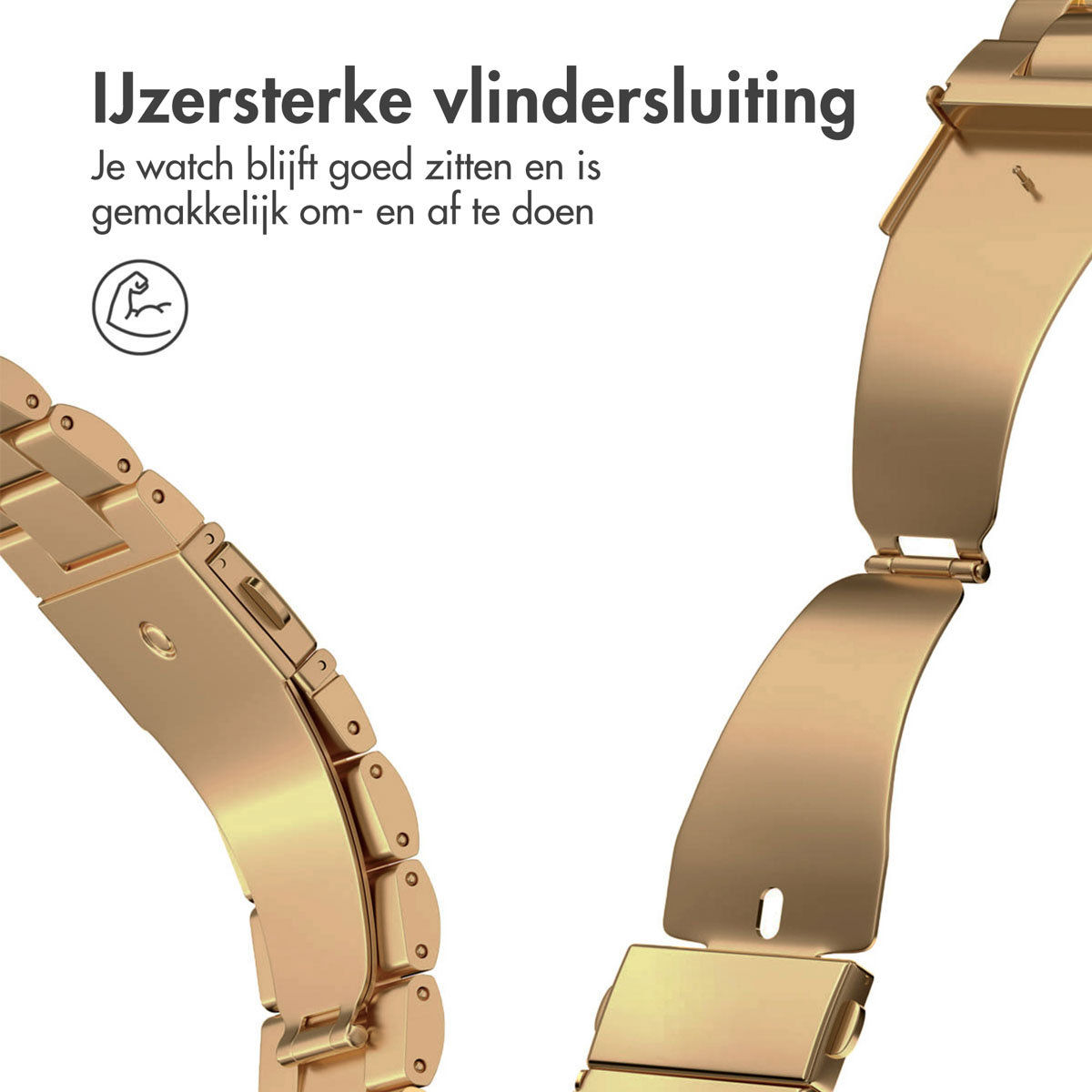 Close-up of a gold watch strap clasp. The clasp is open, showing its mechanism. Text in Dutch reads: strong butterfly clasp.