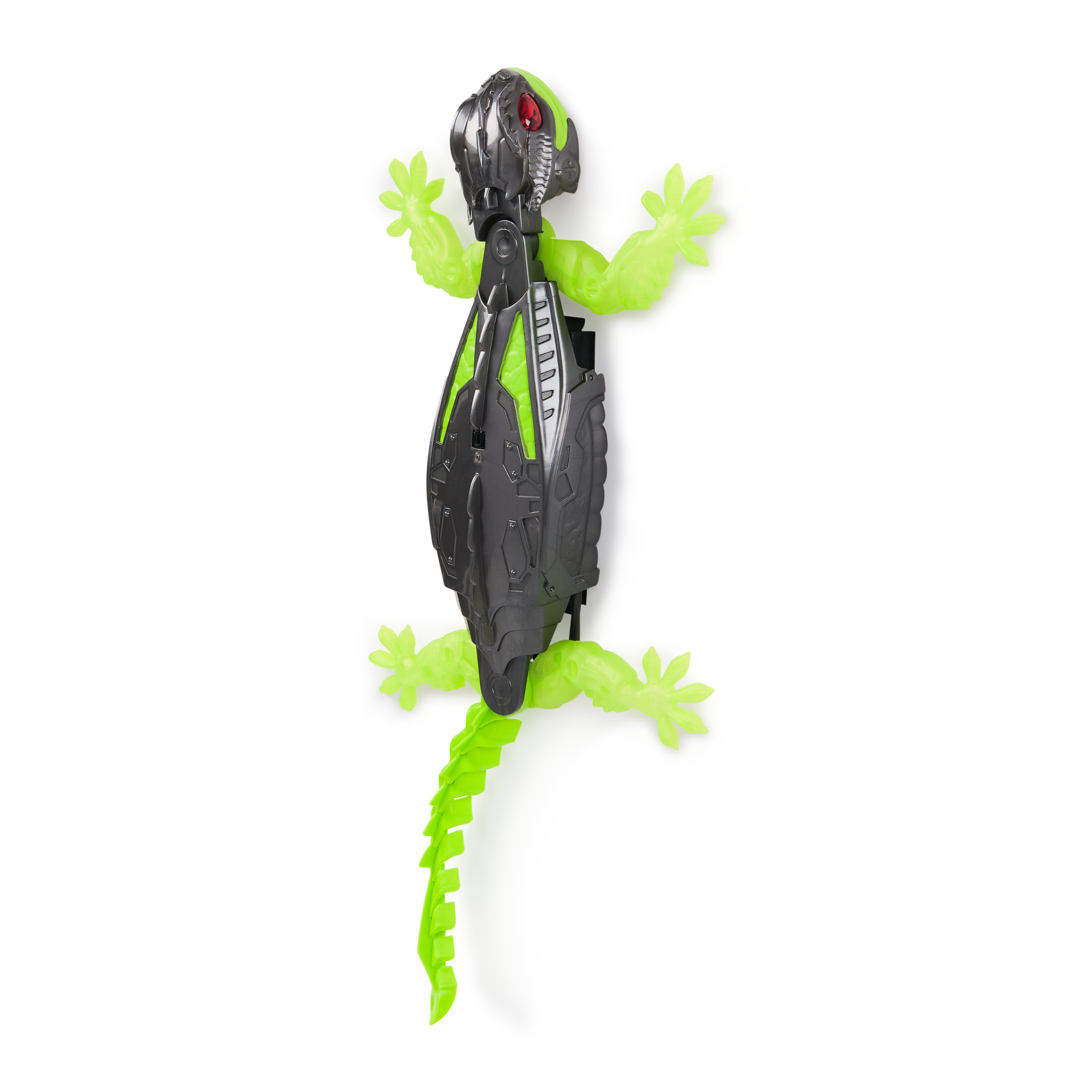 Un lagarto de juguete con cuerpo gris y verde, extremidades verdes y cola segmentada, sobre fondo blanco.