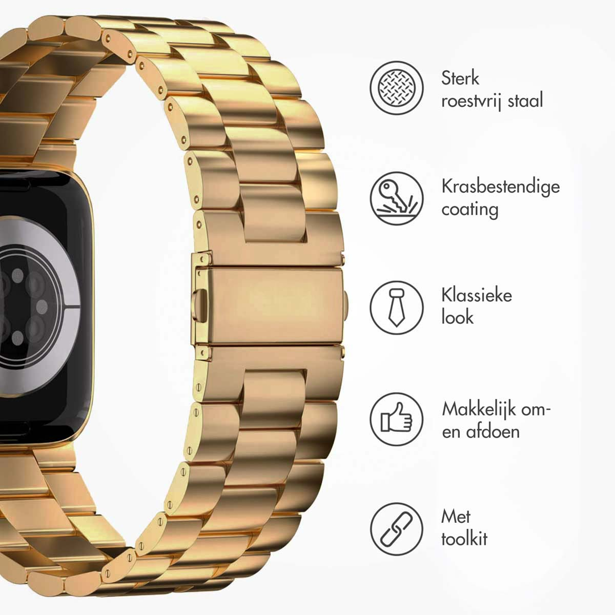 A gold watch strap. The image has text describing the strap as strong stainless steel, scratch-resistant, classic look, easy to use, and with toolkit.