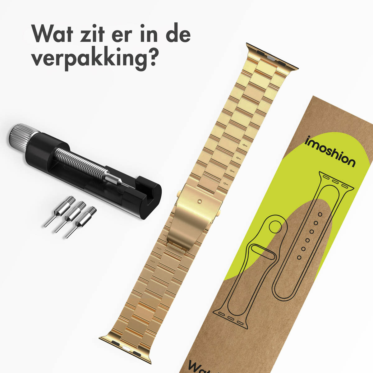 Gold watch strap, spring bar tool, and spare pins are on white. A package with watch strap outline is on the right.