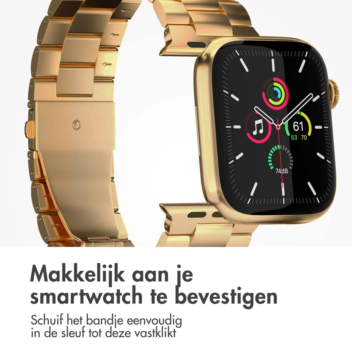 Gold smartwatch with black screen showing health metrics. Gold band is attached. Text at the bottom describes easy attachment.