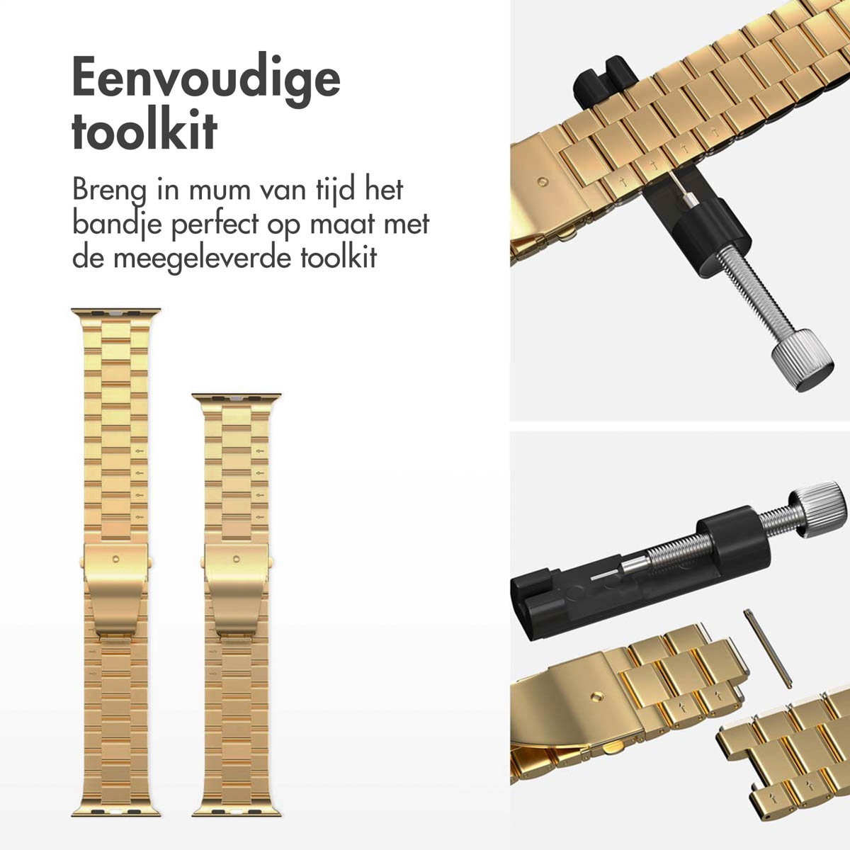 Image shows a watch band and tool. The band is gold. The tool is black and silver. Text is on the left.