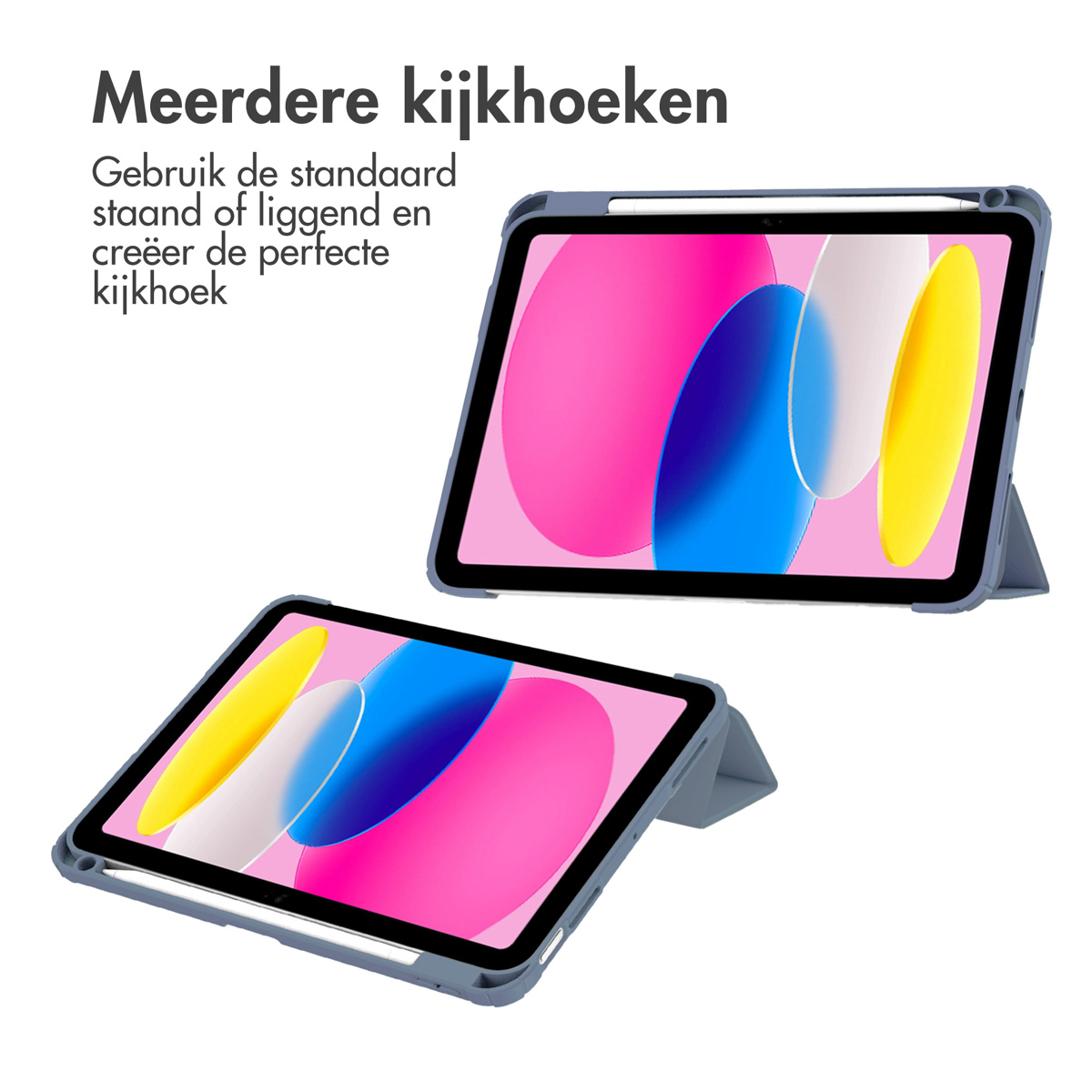 Deux tablettes dans des étuis bleus, une surélevée, toutes deux affichant un design abstrait rose, bleu et jaune sur fond blanc.