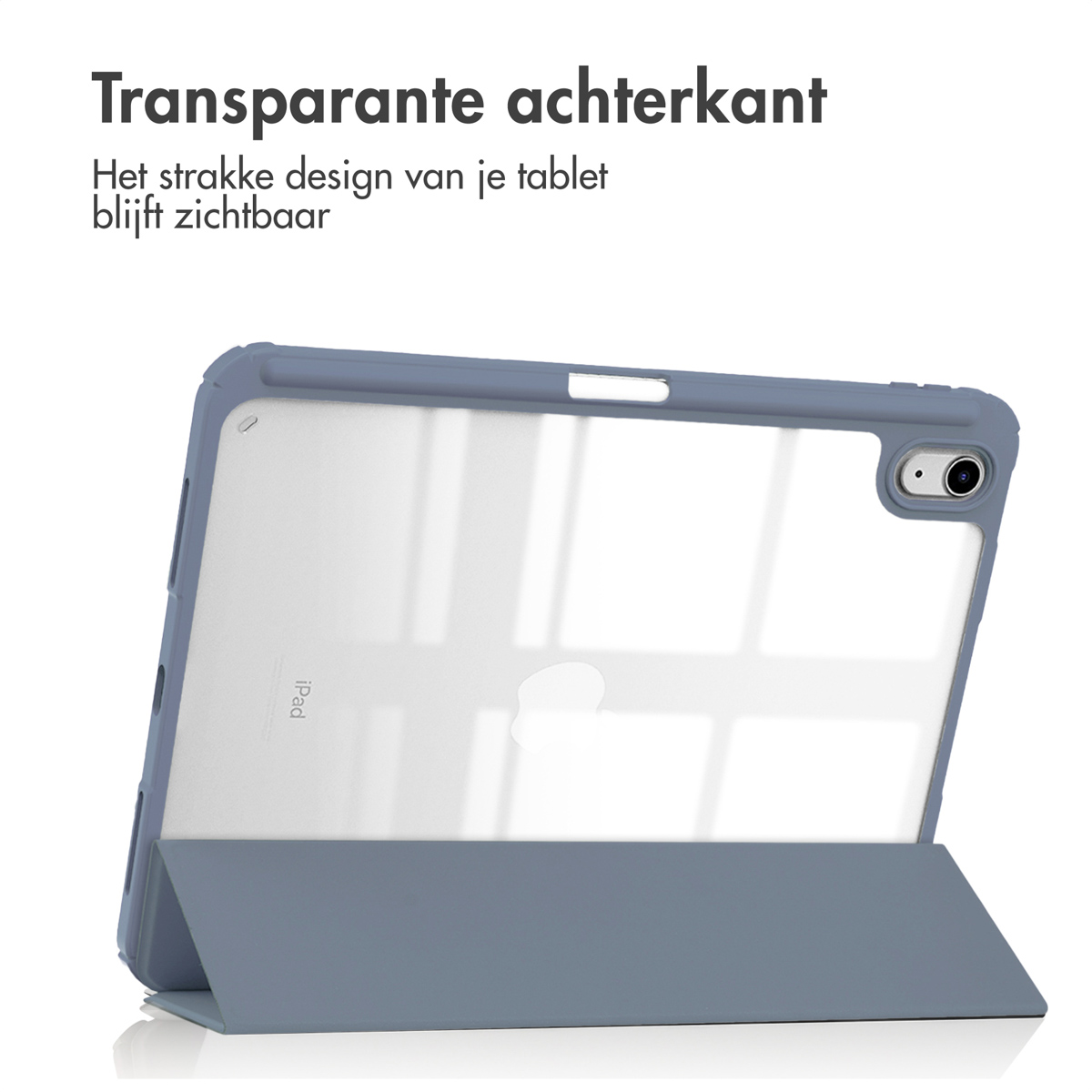 Une tablette dans un étui transparent. L'étui est gris avec un support. Le fond est blanc avec du texte en néerlandais.