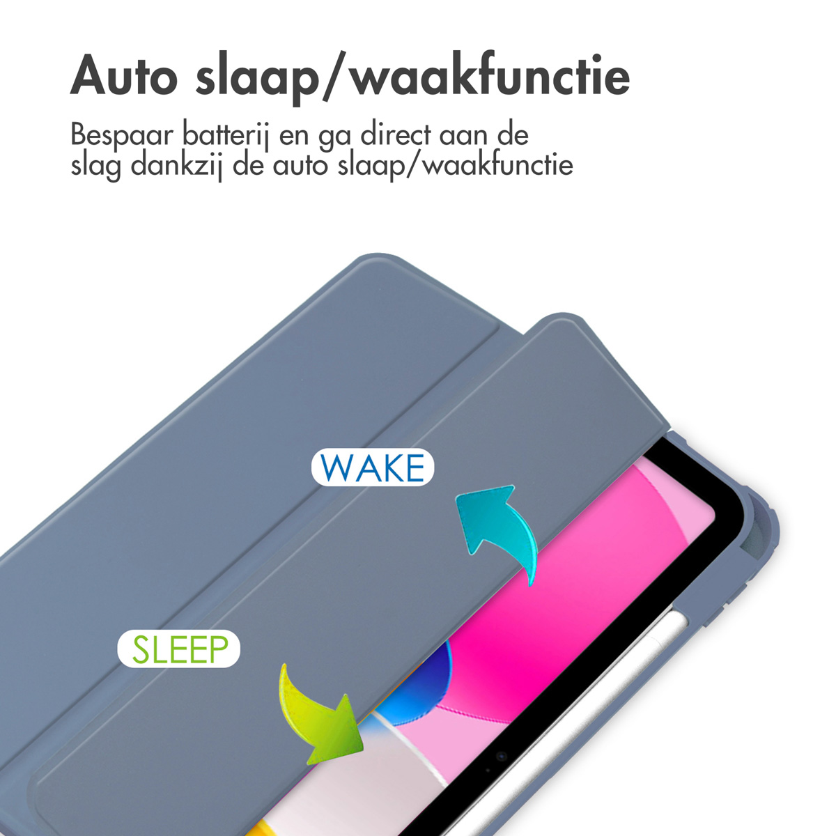 Une tablette dans un étui gris avec le couvercle ouvert. Le texte indique 'Sleep' et 'Wake' avec des flèches. L'écran est rose.