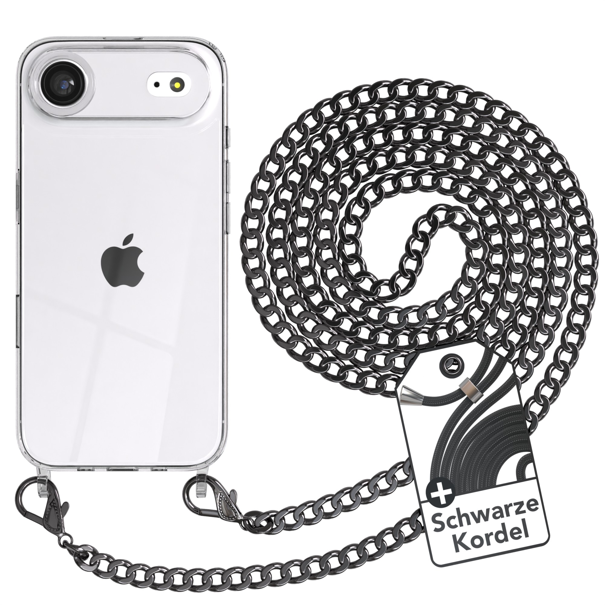 Ein weißes iPhone mit schwarzem Kettengurt. Ein Etikett sagt 'Schwarze Kordel'.