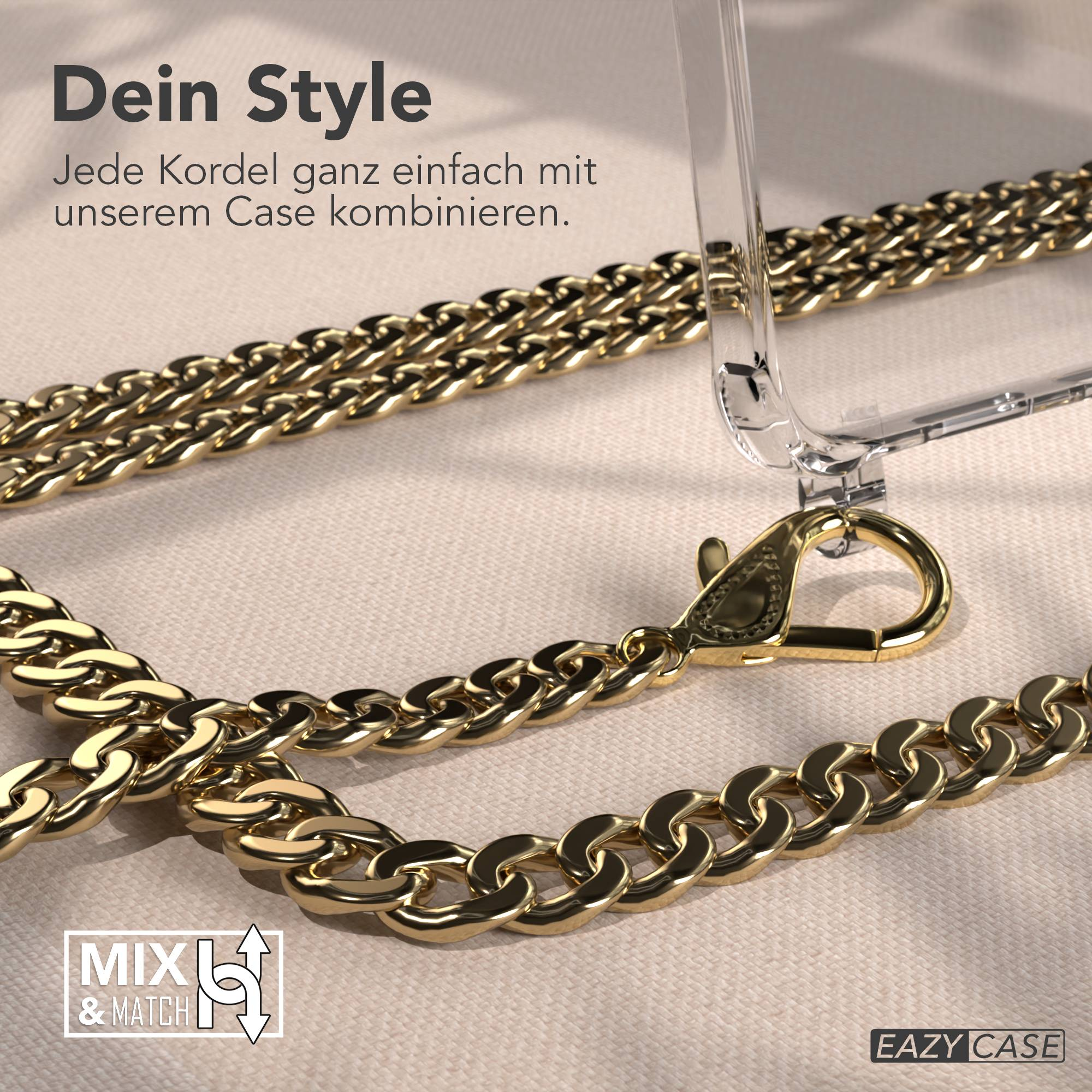 Goldkette und Handyhülle. Text: Dein Style, Mix & Match und EAZY CASE. Hintergrund ist heller Stoff.